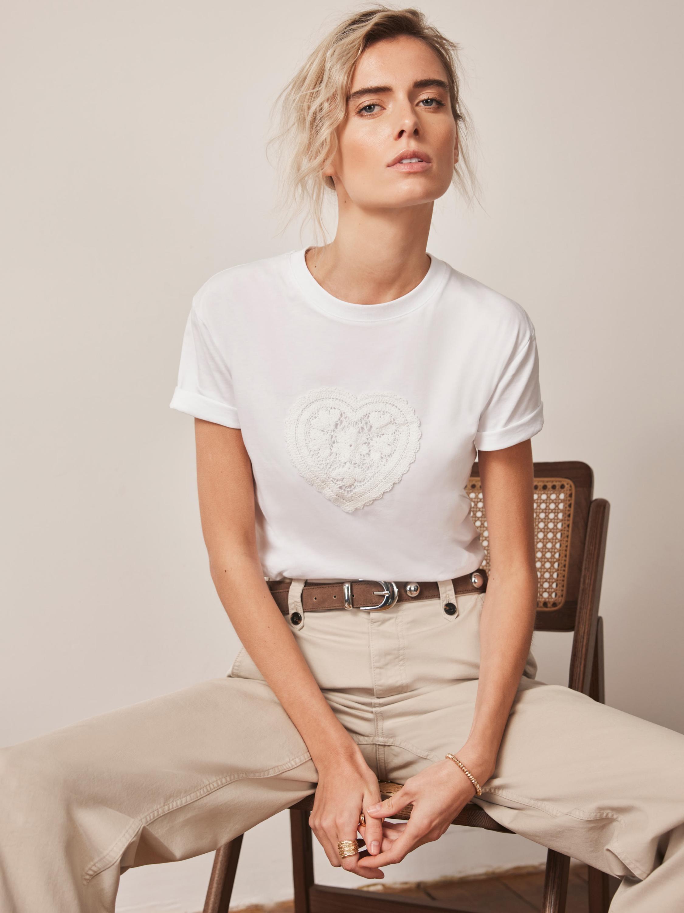 Product image 5 of 7, which shows Mint Velvet Cotton Crochet Heart T-Shirt, White Ivory, XS