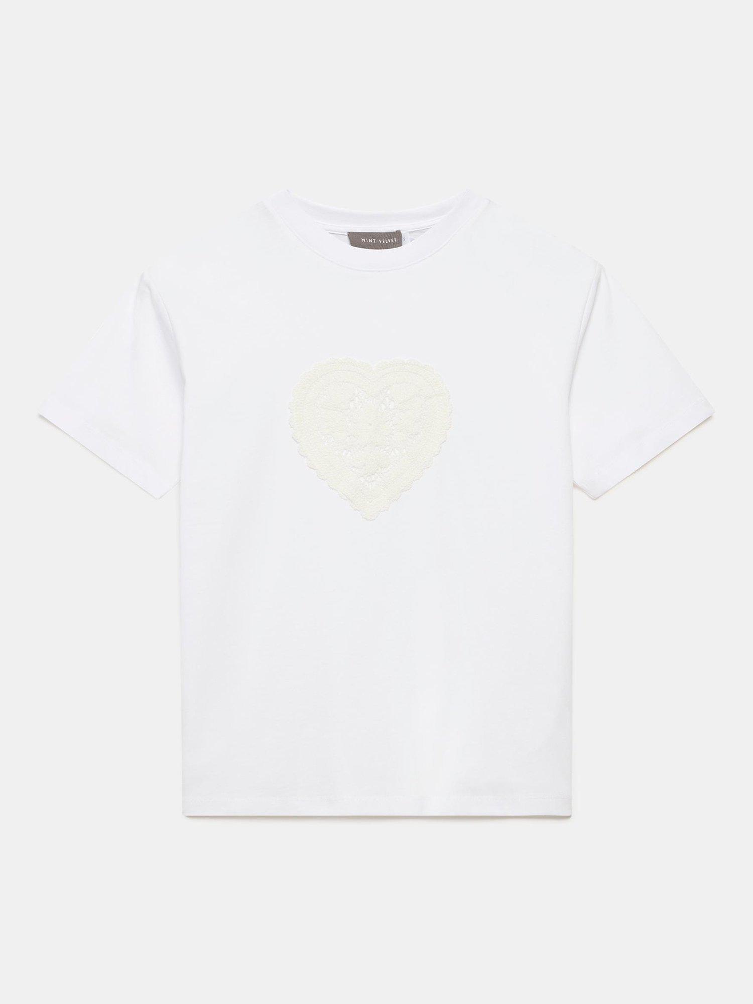 Product image 6 of 7, which shows Mint Velvet Cotton Crochet Heart T-Shirt, White Ivory, XS