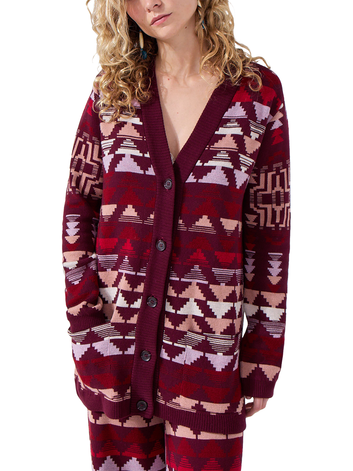 Product image 1 of 4, which shows Hayley Menzies Zed Cotton Blend Cardigan , Red/Multi, M