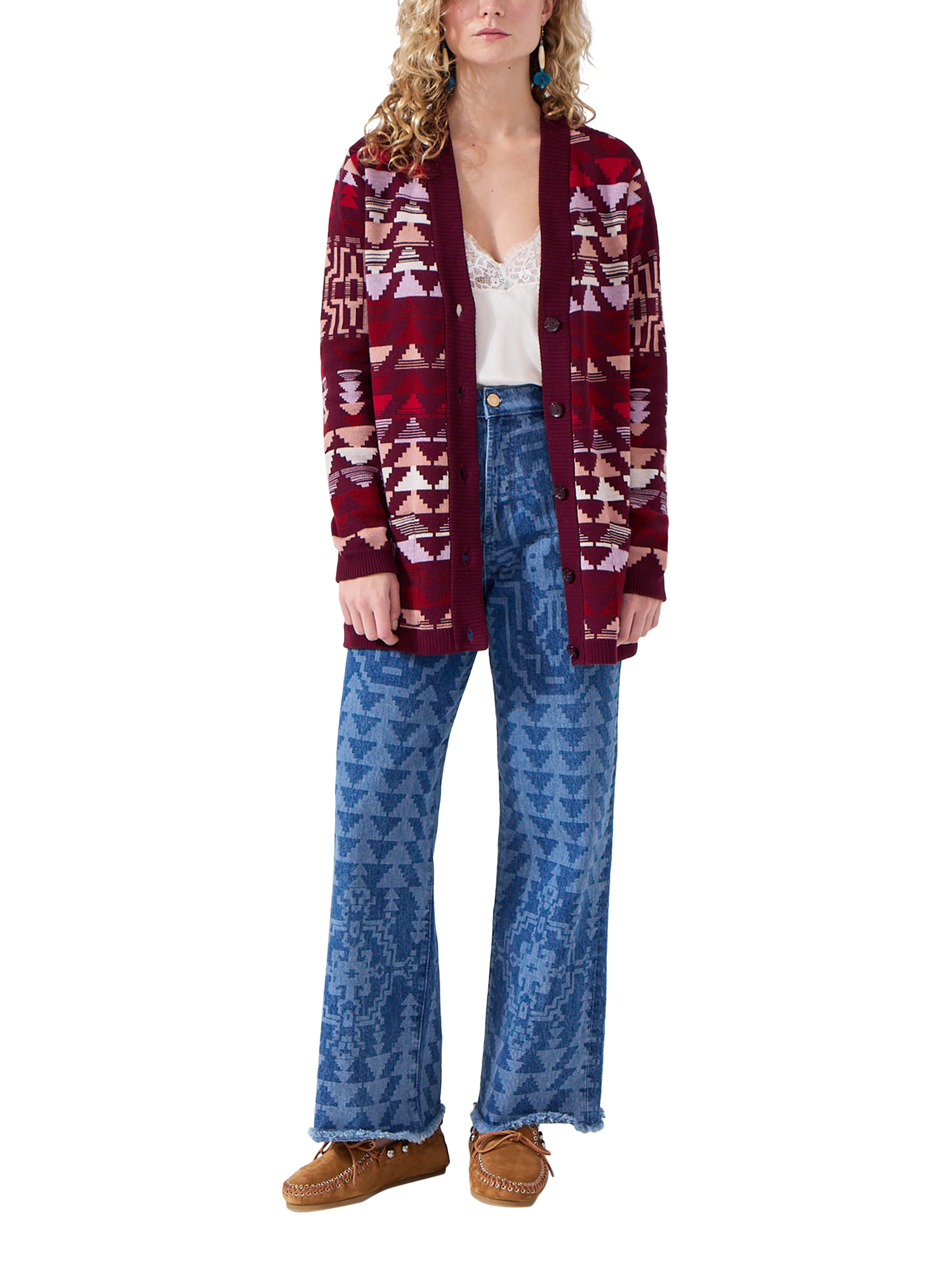 Product image 4 of 4, which shows Hayley Menzies Zed Cotton Blend Cardigan , Red/Multi, M