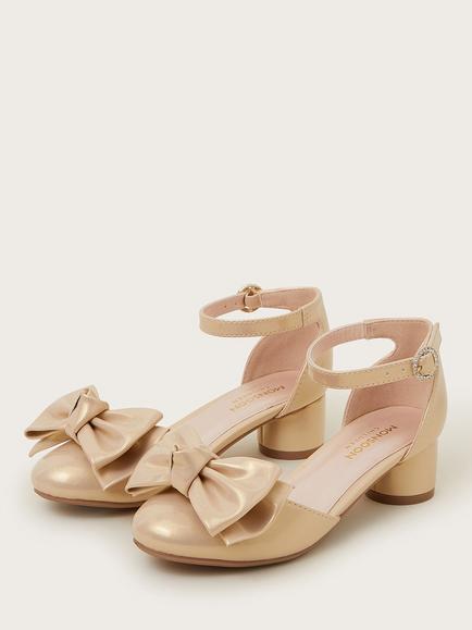 Monsoon Kids' Patent Bow Heeled Shoes, Gold - view 2, Gold