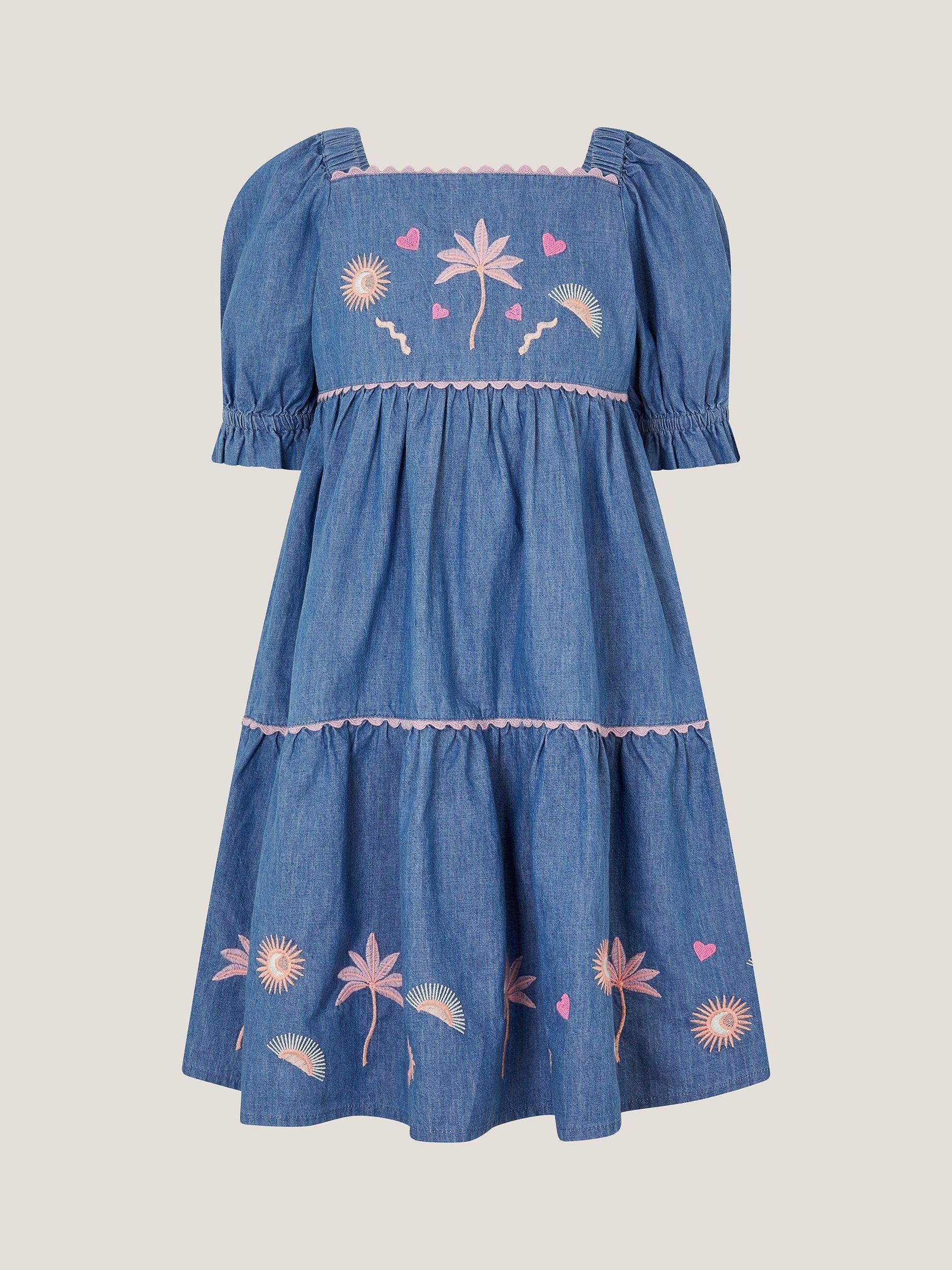 Monsoon Kids' Denim Puff Sleeve Embroidered Dress, Blue