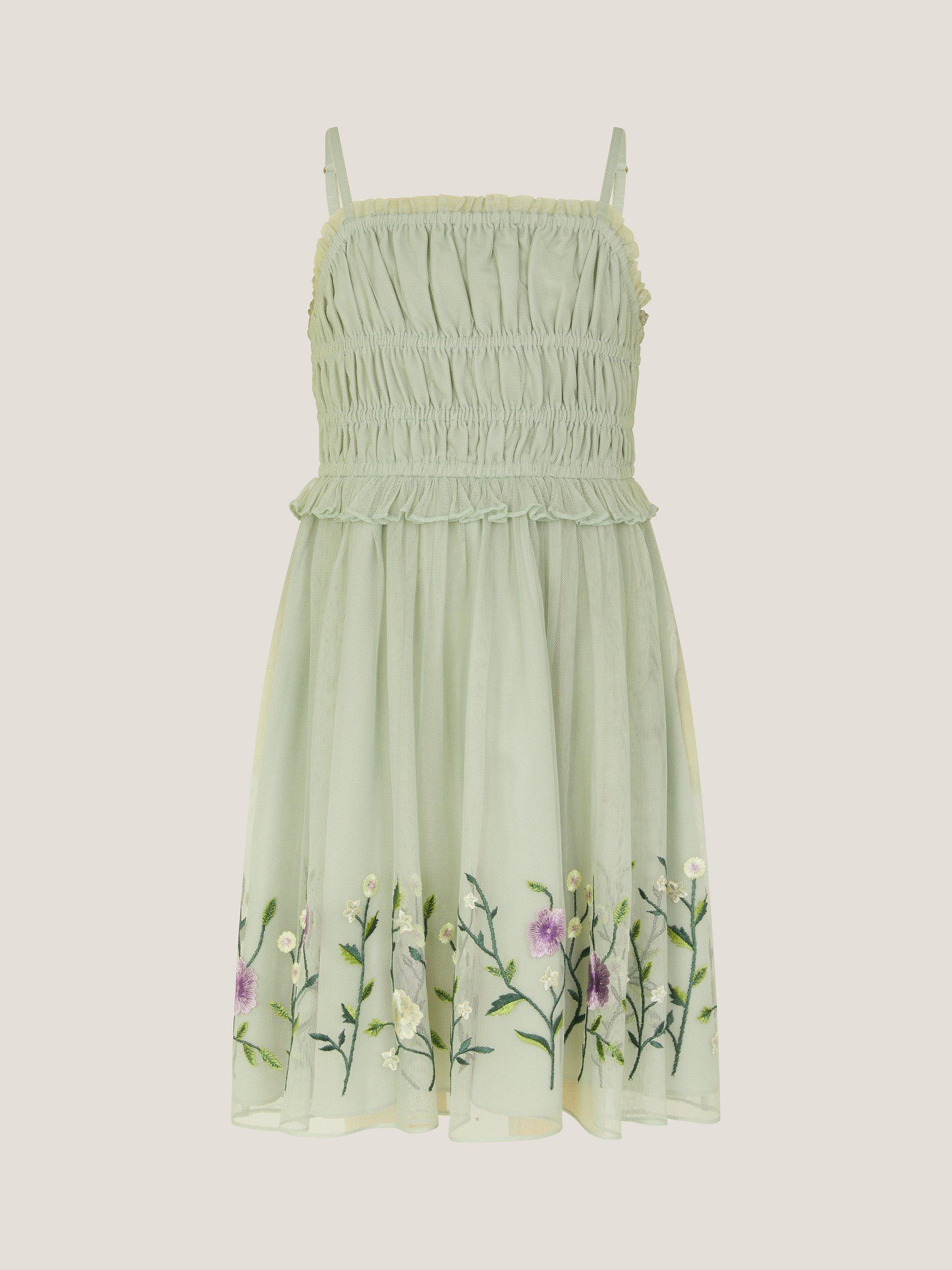 Product image 1 of 3, which shows Monsoon Kids' Sloan Tulle Embroidered Party Dress, Sage, 3 years