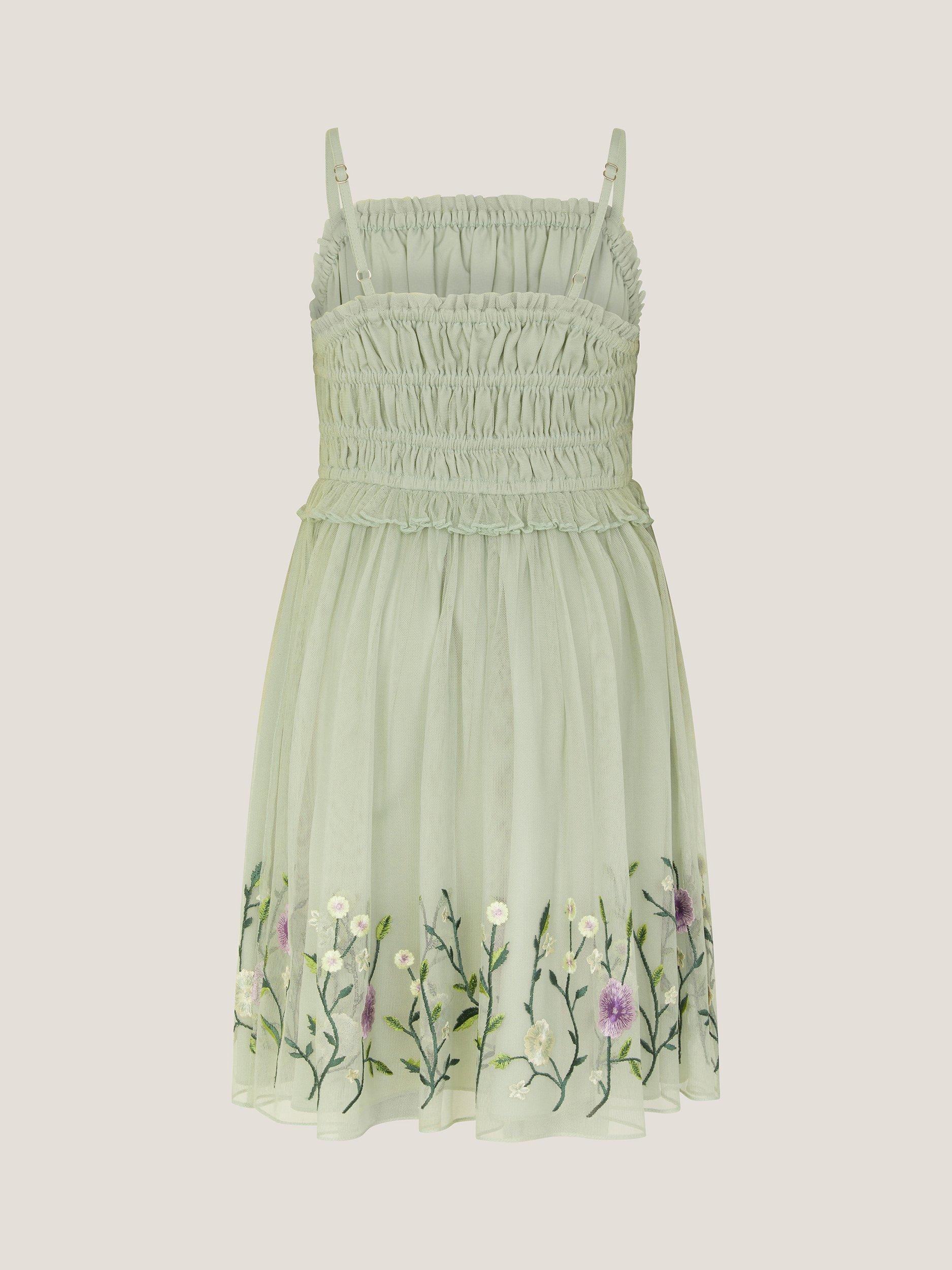 Product image 2 of 3, which shows Monsoon Kids' Sloan Tulle Embroidered Party Dress, Sage, 3 years