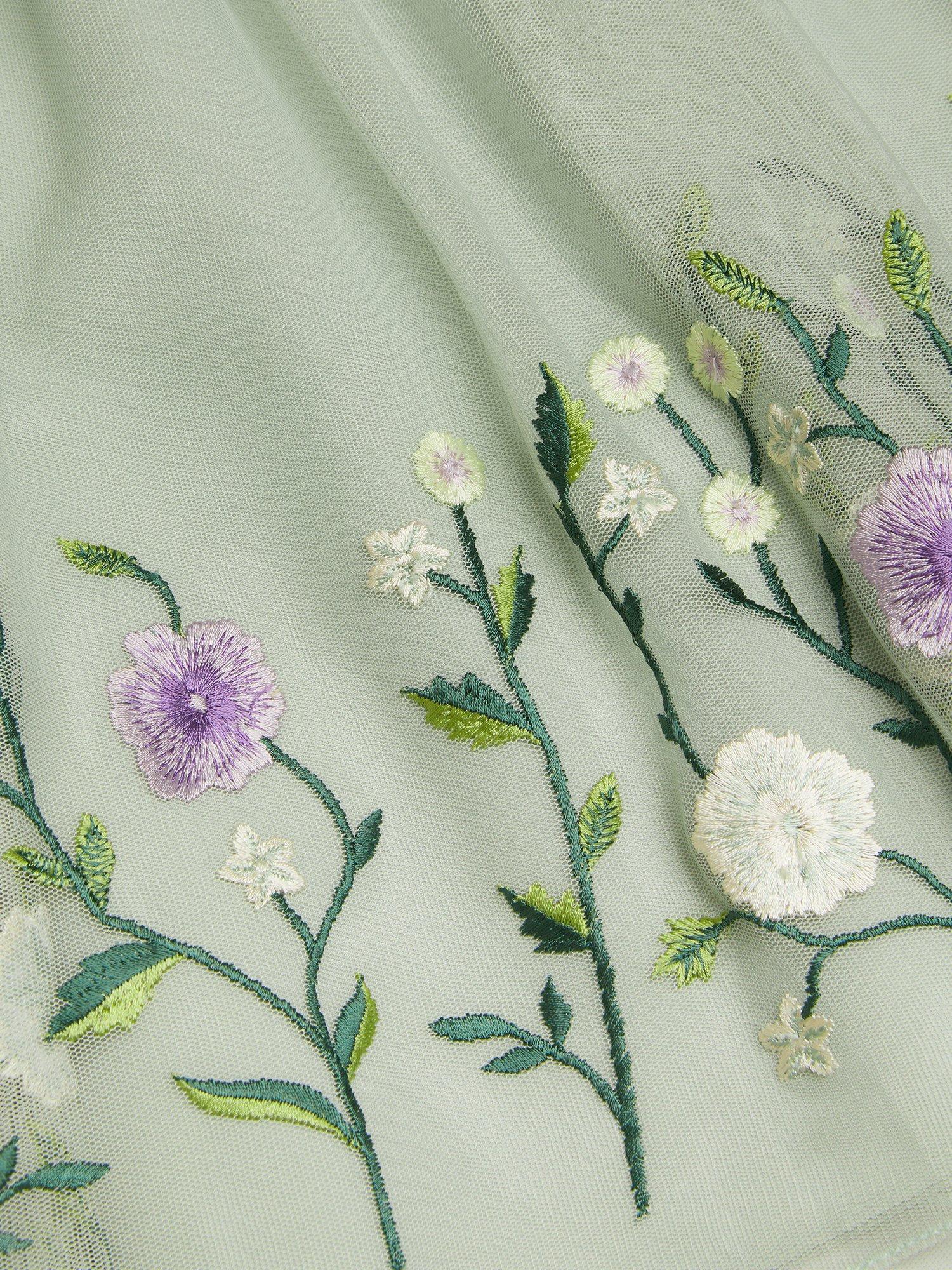 Product image 3 of 3, which shows Monsoon Kids' Sloan Tulle Embroidered Party Dress, Sage, 3 years