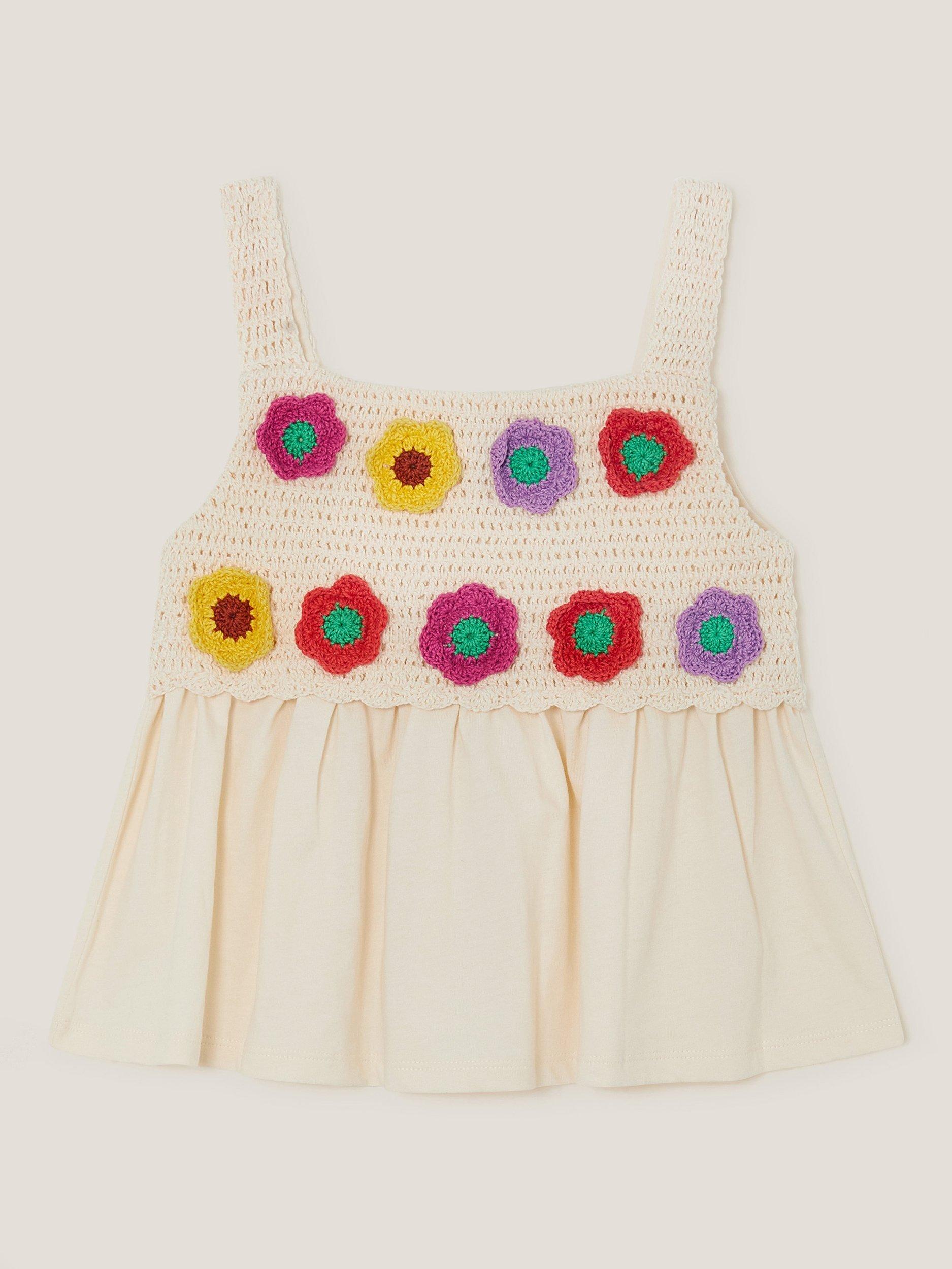 Product image 2 of 4, which shows Monsoon Kids' Crochet Flower Cami Top, Pink, 3-4 years