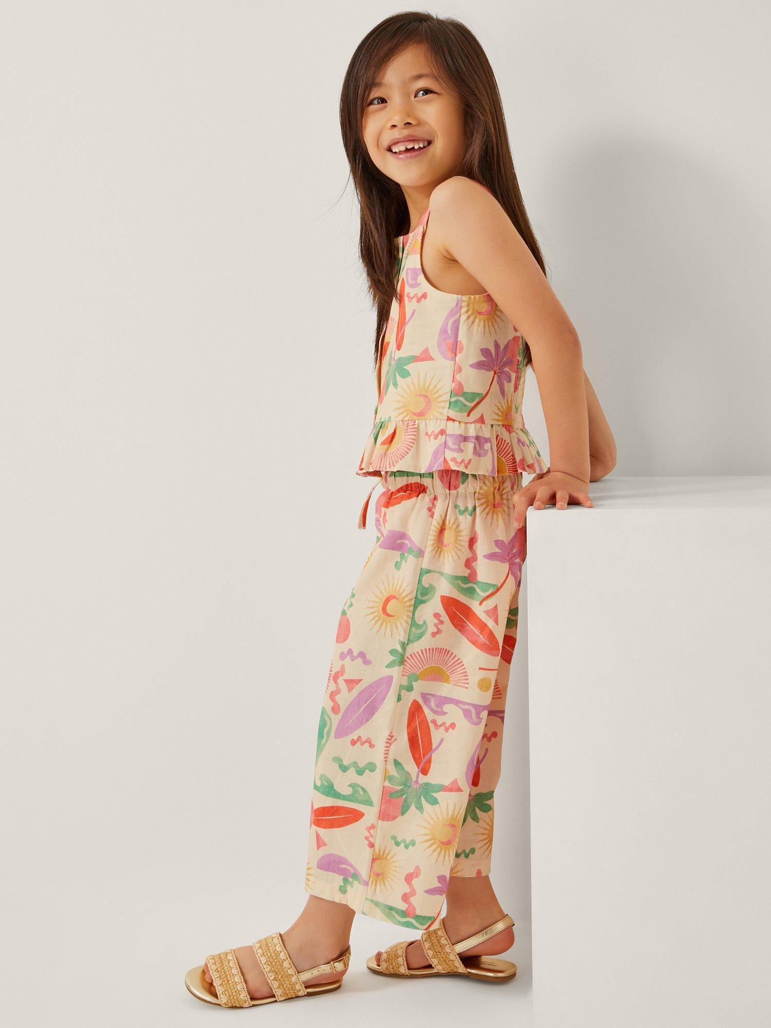 Product image 1 of 4, which shows Monsoon Kids' Palm Print Top and Trousers Set, Ivory, 3-4 years