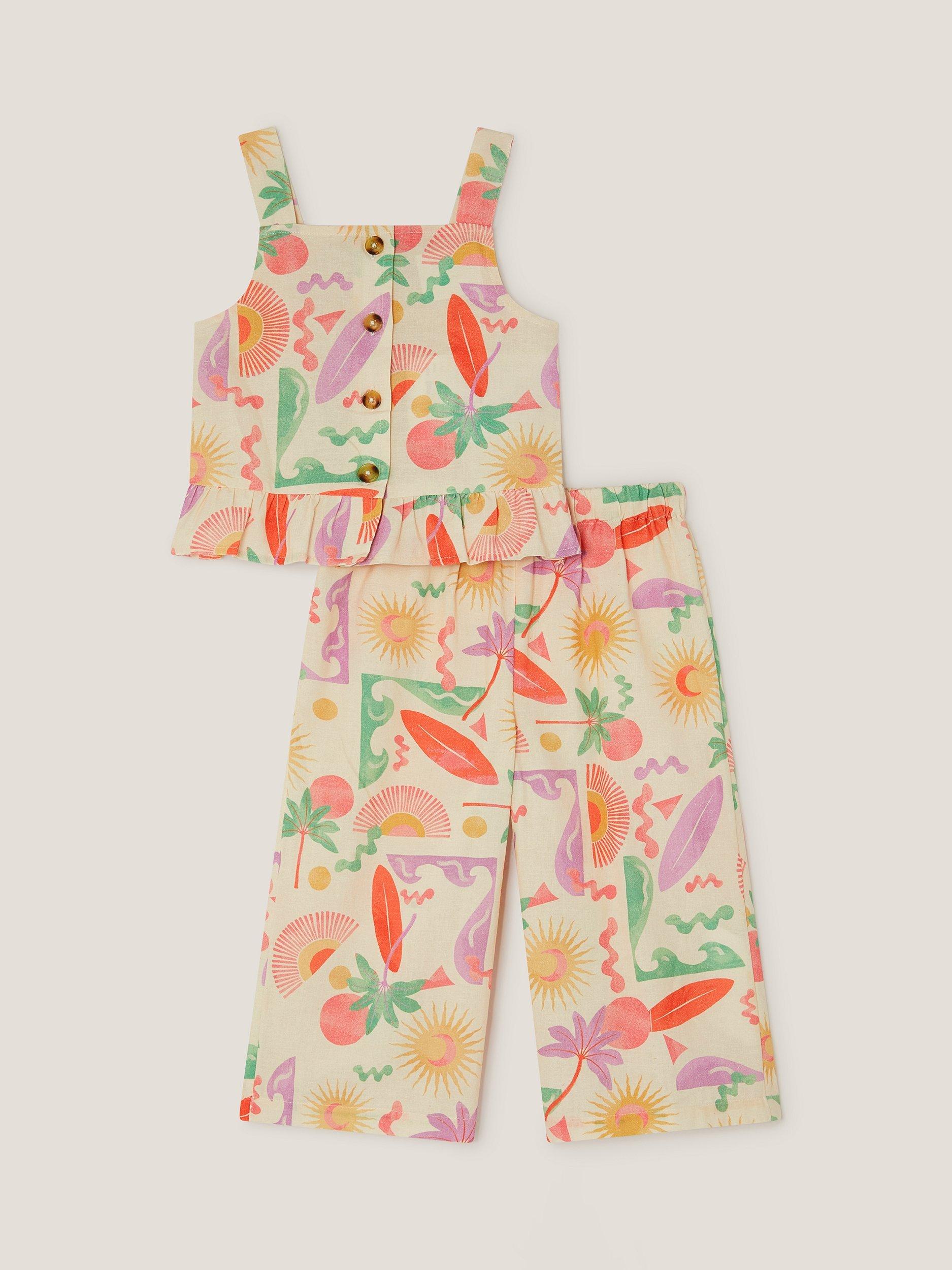 Product image 2 of 4, which shows Monsoon Kids' Palm Print Top and Trousers Set, Ivory, 3-4 years