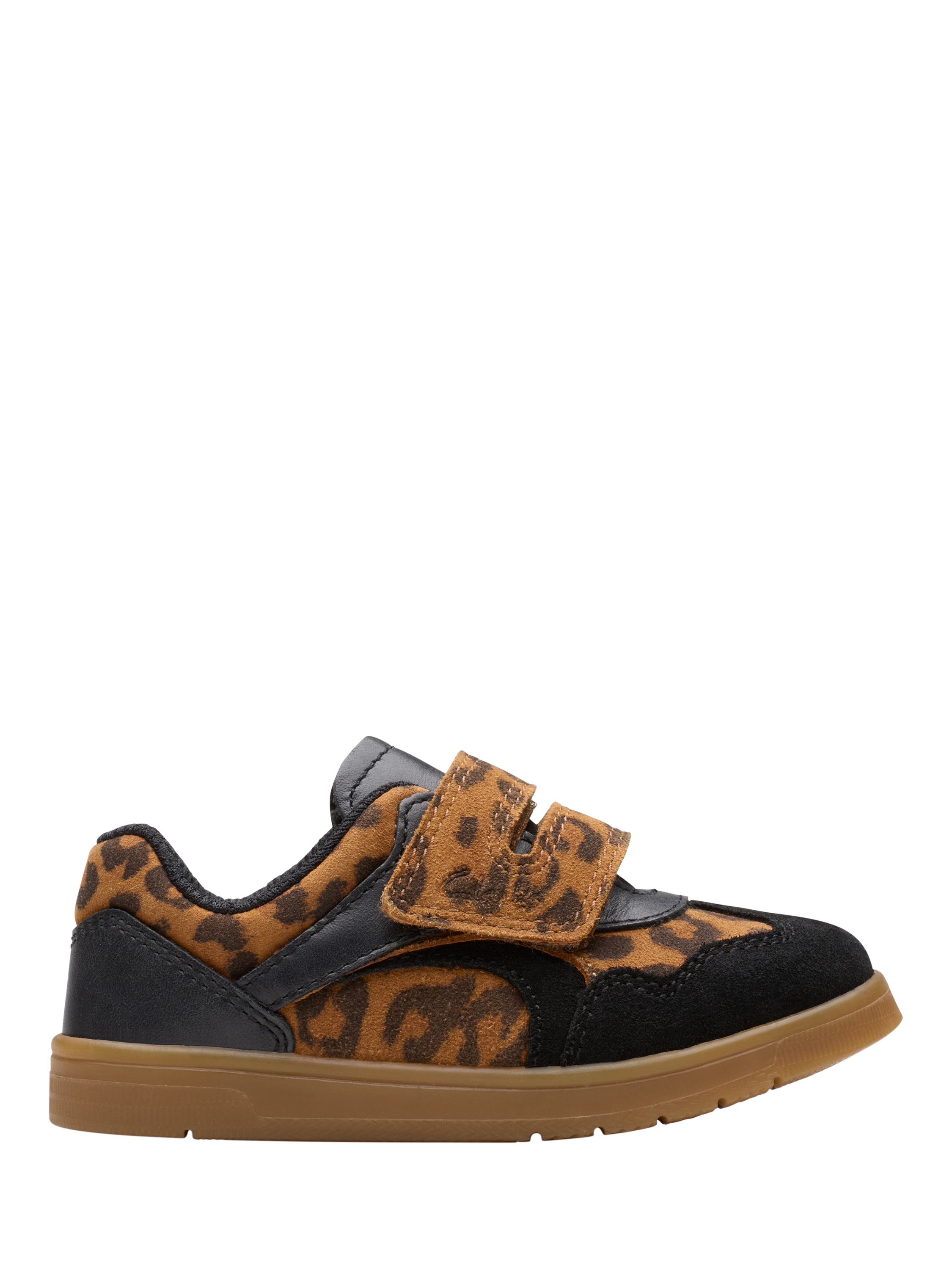 Product image 1 of 6, which shows Clarks Kids' Disco Vibe Leather Trainers, Leopard Print, 4 F Jnr