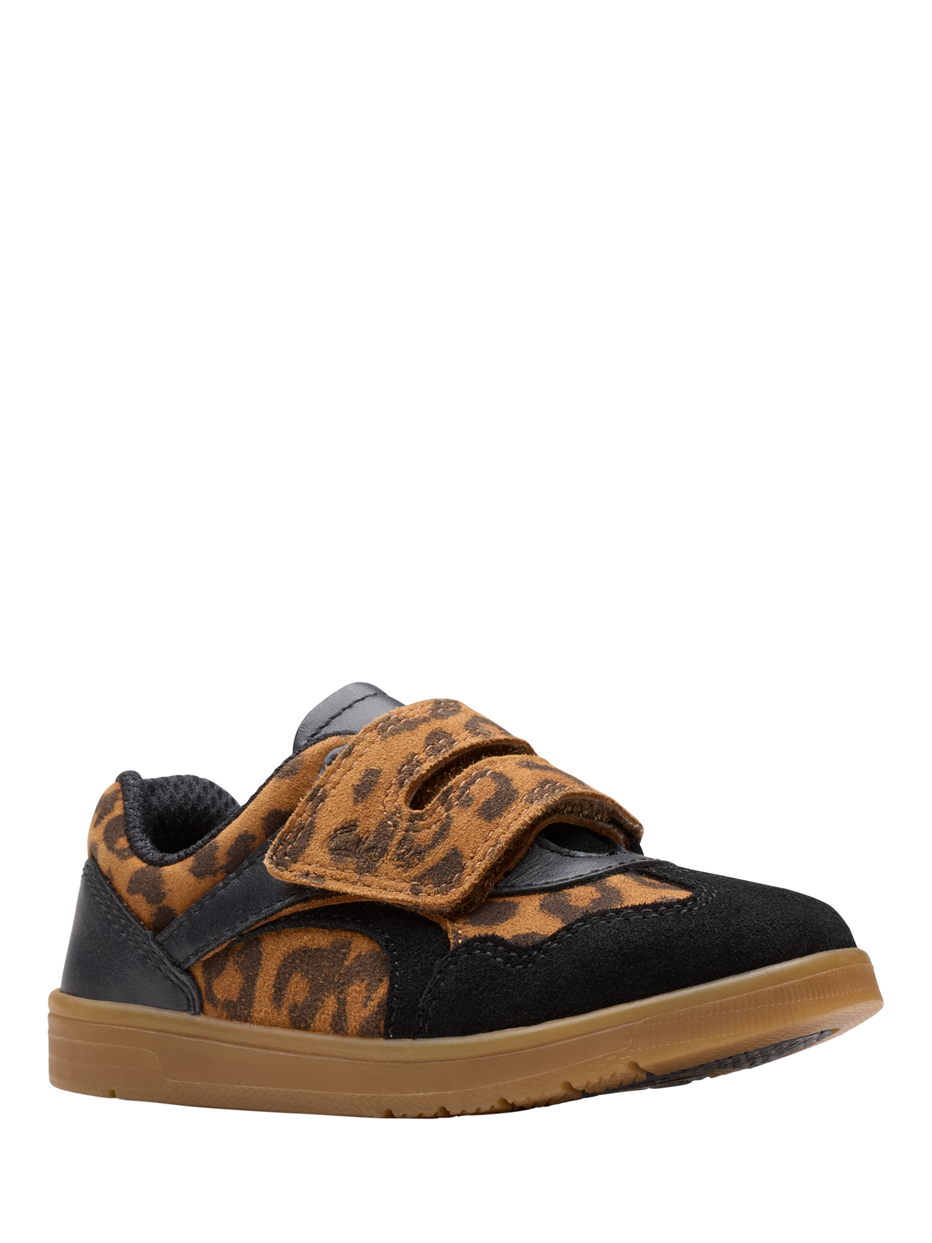 Product image 4 of 6, which shows Clarks Kids' Disco Vibe Leather Trainers, Leopard Print, 4 F Jnr