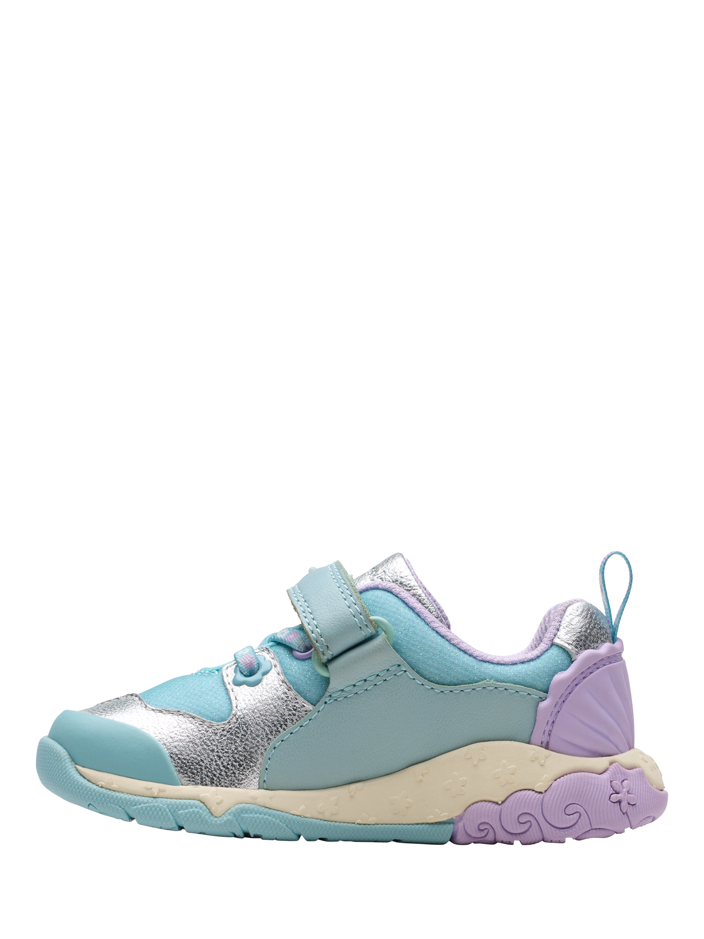 Product image 2 of 8, which shows Clarks Kids' Tidal Shell Leather Trainers, Light Blue Combi, 4 F Jnr