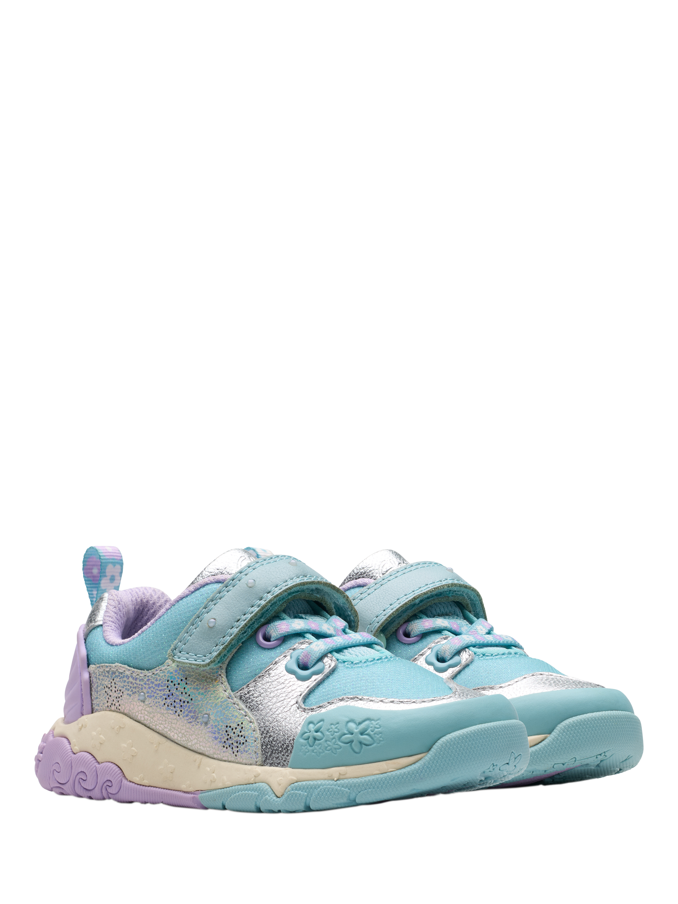Product image 4 of 8, which shows Clarks Kids' Tidal Shell Leather Trainers, Light Blue Combi, 4 F Jnr