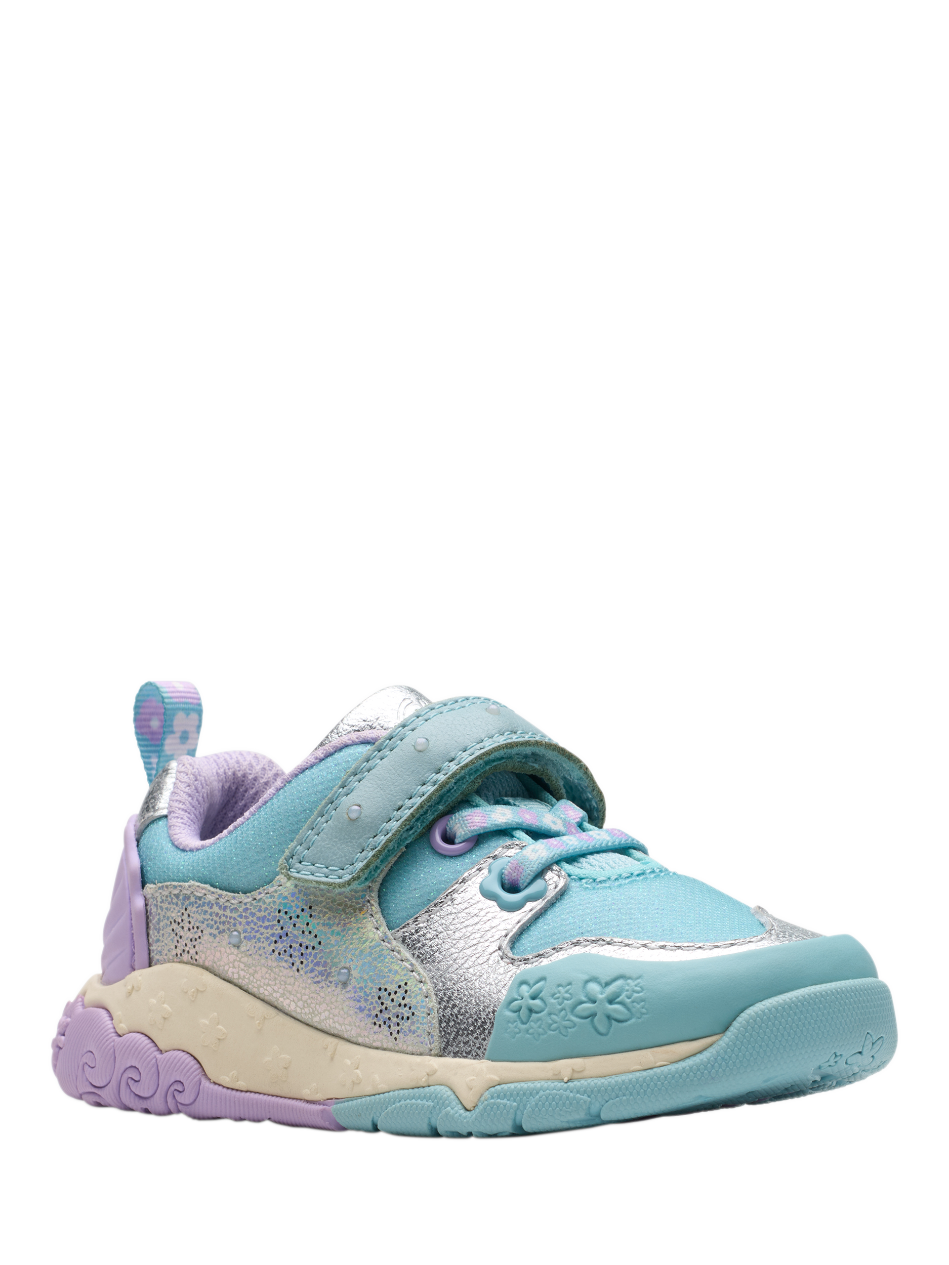 Product image 7 of 8, which shows Clarks Kids' Tidal Shell Leather Trainers, Light Blue Combi, 4 F Jnr