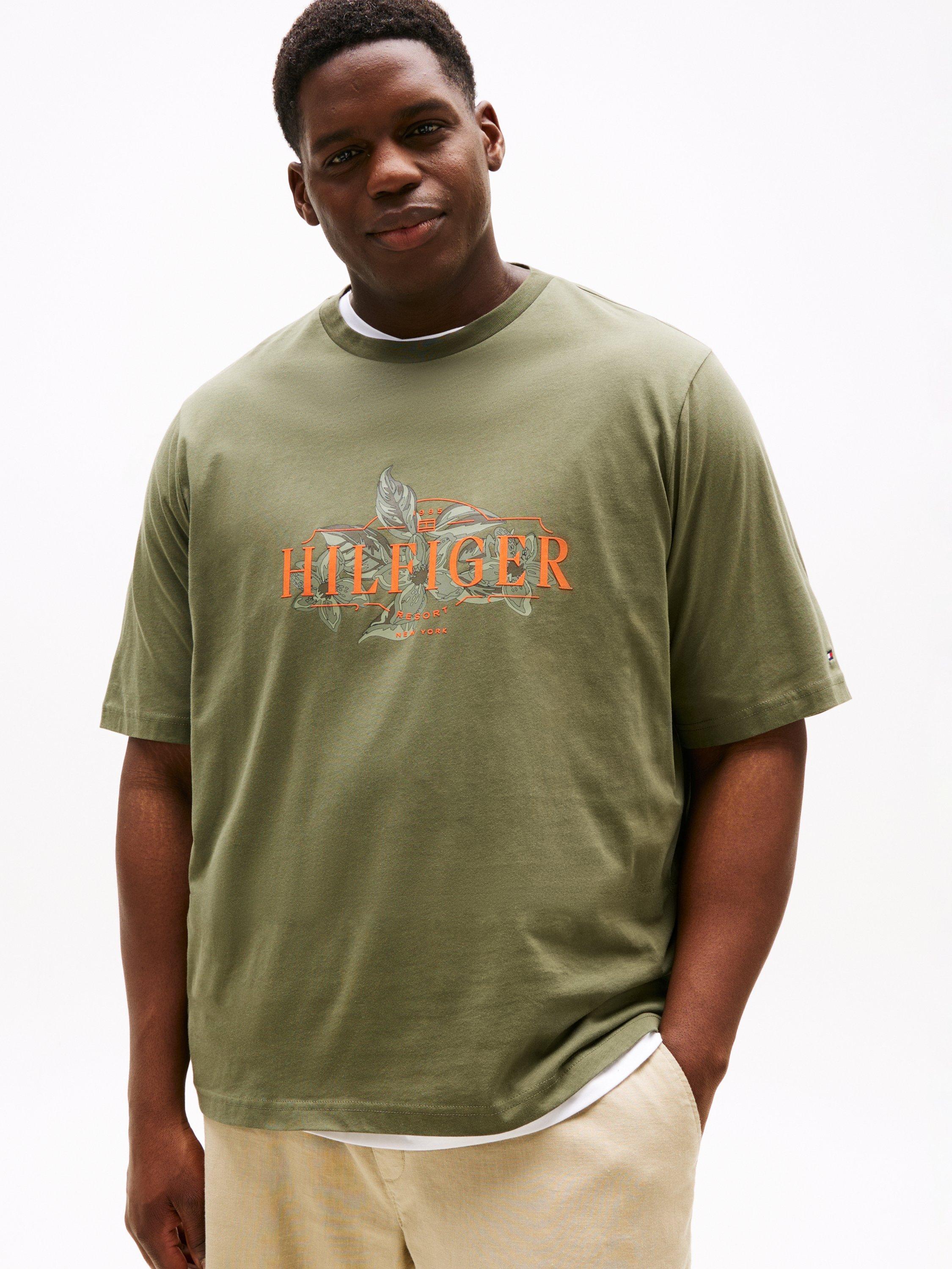 Product image 1 of 5, which shows Tommy Hilfiger Plus Regular Fit Tropical Logo T-Shirt, Khaki/Multi, XXXL