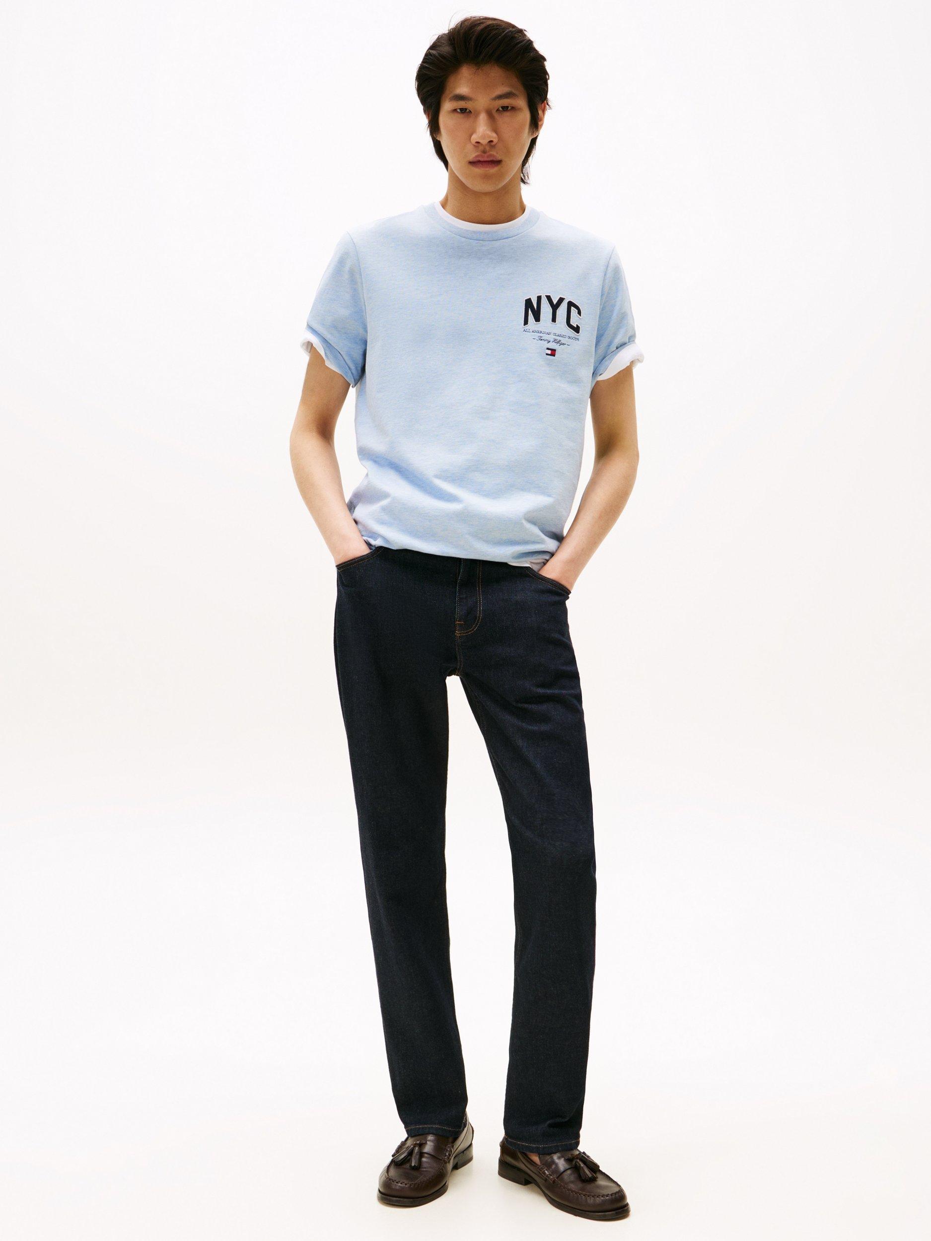 Product image 3 of 5, which shows Tommy Hilfiger Cotton Regular Fit Short Sleeve NYC Logo T-Shirt, Heathered Blue, XXXL