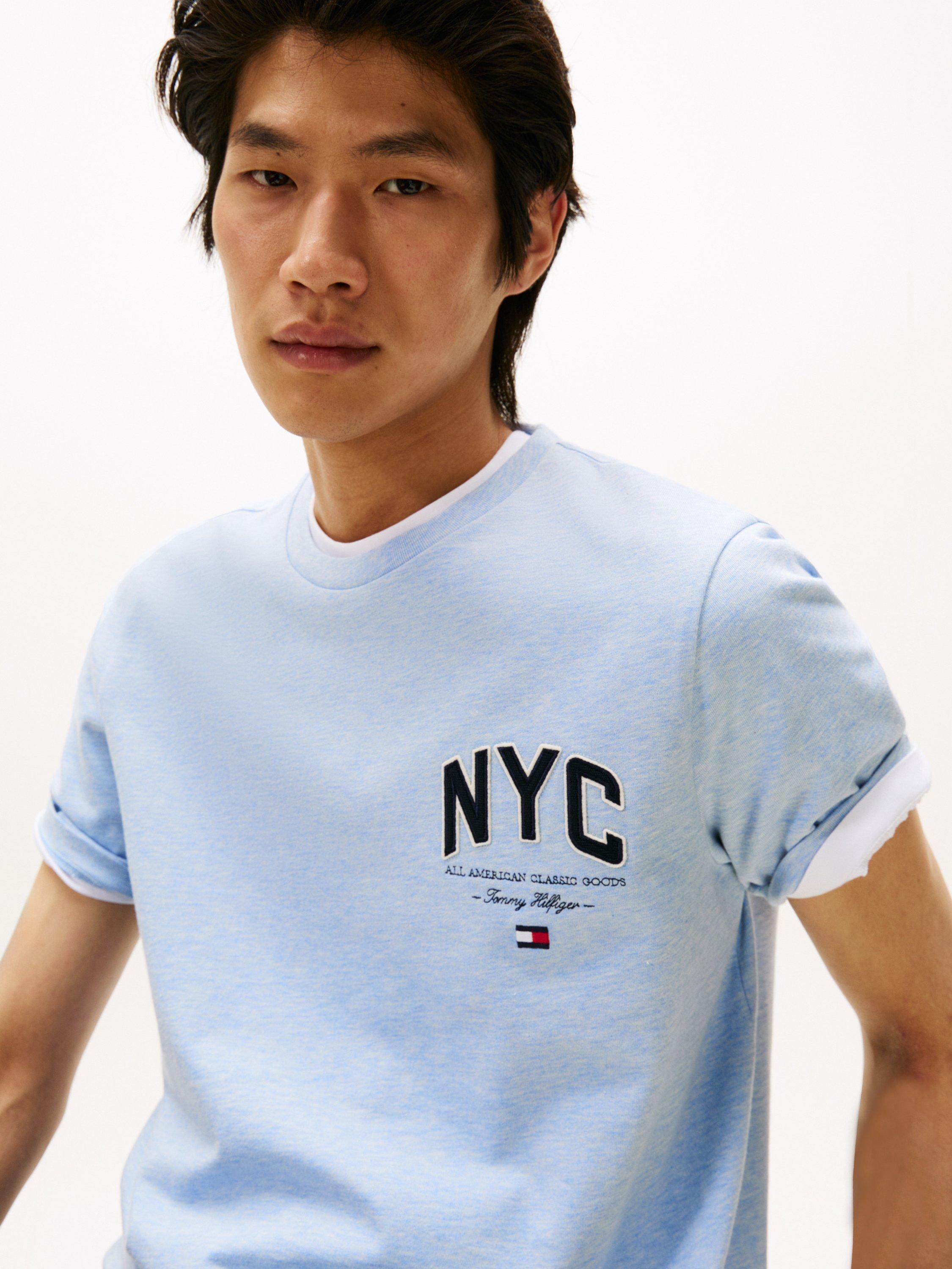 Product image 4 of 5, which shows Tommy Hilfiger Cotton Regular Fit Short Sleeve NYC Logo T-Shirt, Heathered Blue, XXXL
