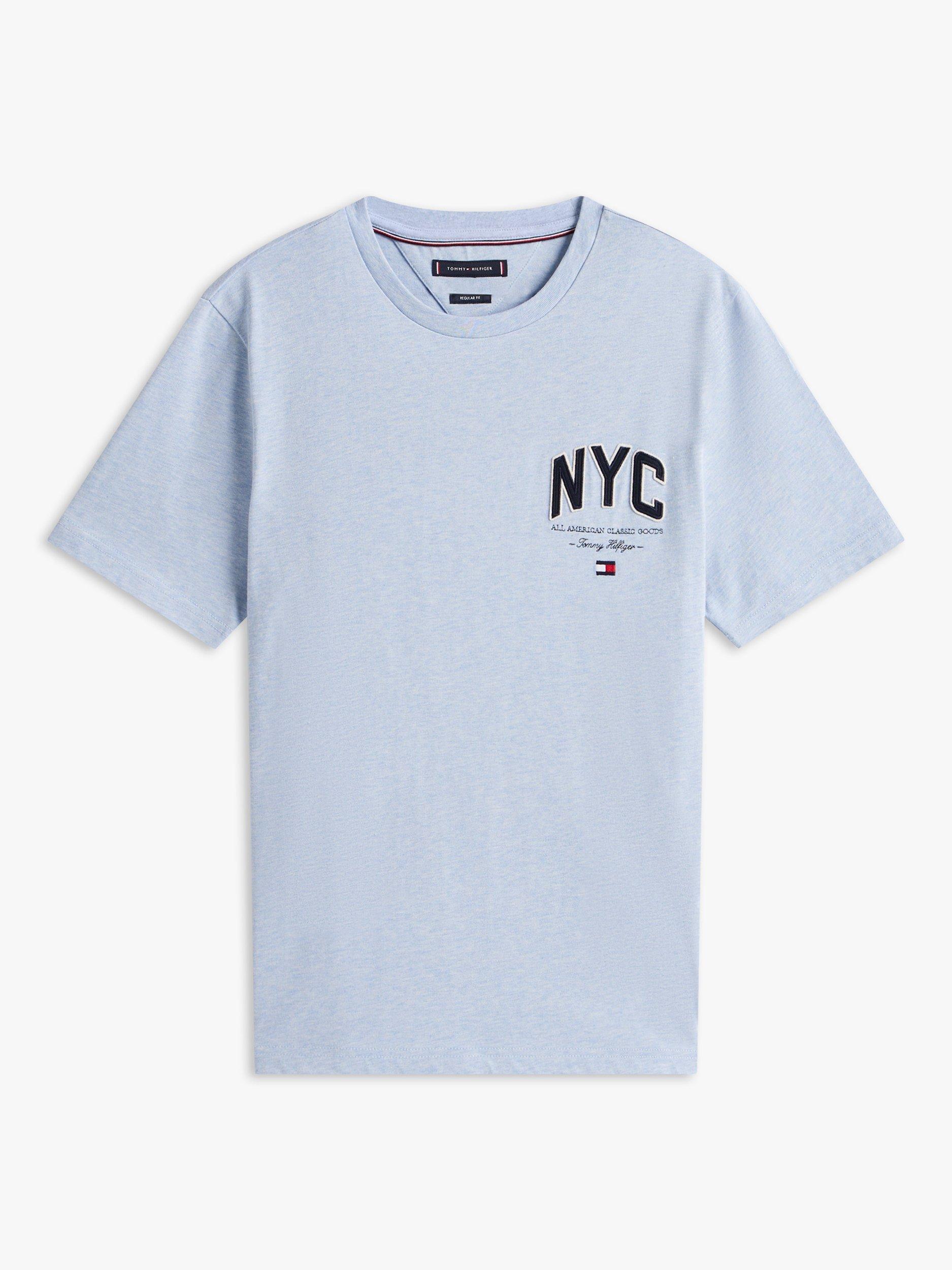 Product image 5 of 5, which shows Tommy Hilfiger Cotton Regular Fit Short Sleeve NYC Logo T-Shirt, Heathered Blue, XXXL