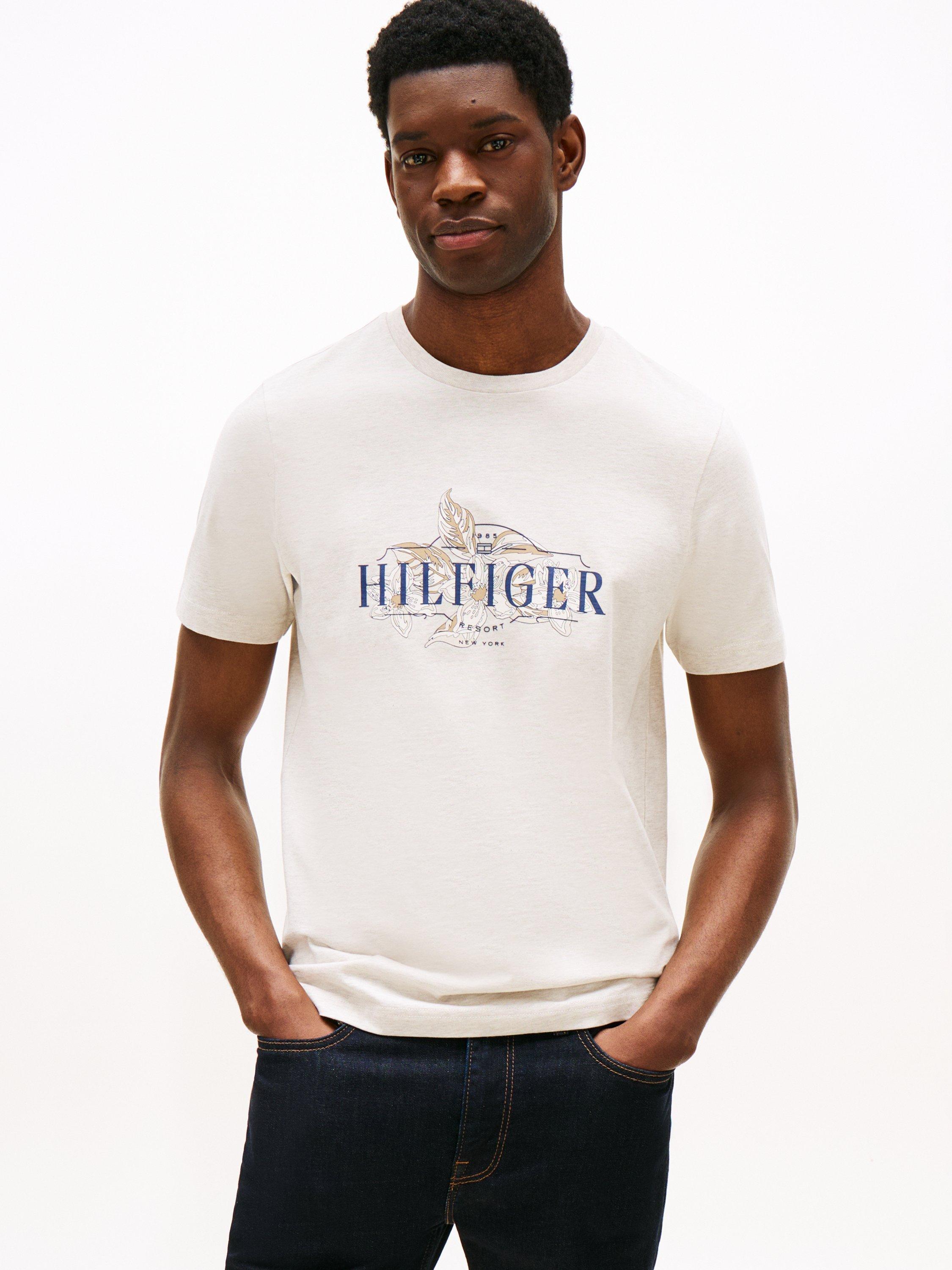 Tommy Hilfiger Cotton Regular Fit Tropical Logo T-Shirt, Heathered Oatmilk
