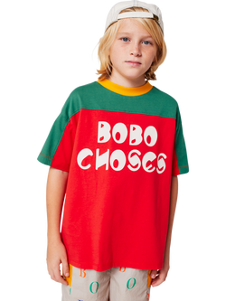 Bobo Choses Kids' Cotton Short Sleeved Colour Block T-Shirt, Red, Red