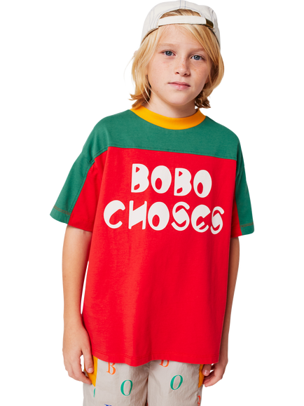 Bobo Choses Kids' Cotton Short Sleeved Colour Block T-Shirt, Red, Red