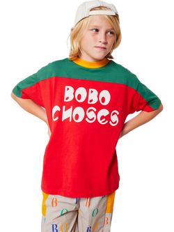 Bobo Choses Kids' Cotton Short Sleeved Colour Block T-Shirt, Red - view 2, Red