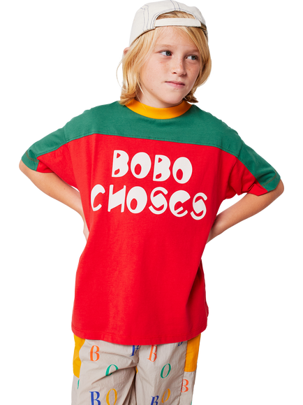 Bobo Choses Kids' Cotton Short Sleeved Colour Block T-Shirt, Red - view 2, Red