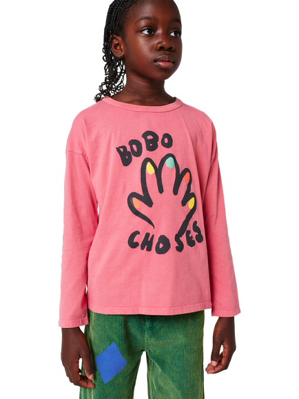 Bobo Choses Kids' Cotton Long Sleeved High Five T-Shirt, Pink - view 2, Pink