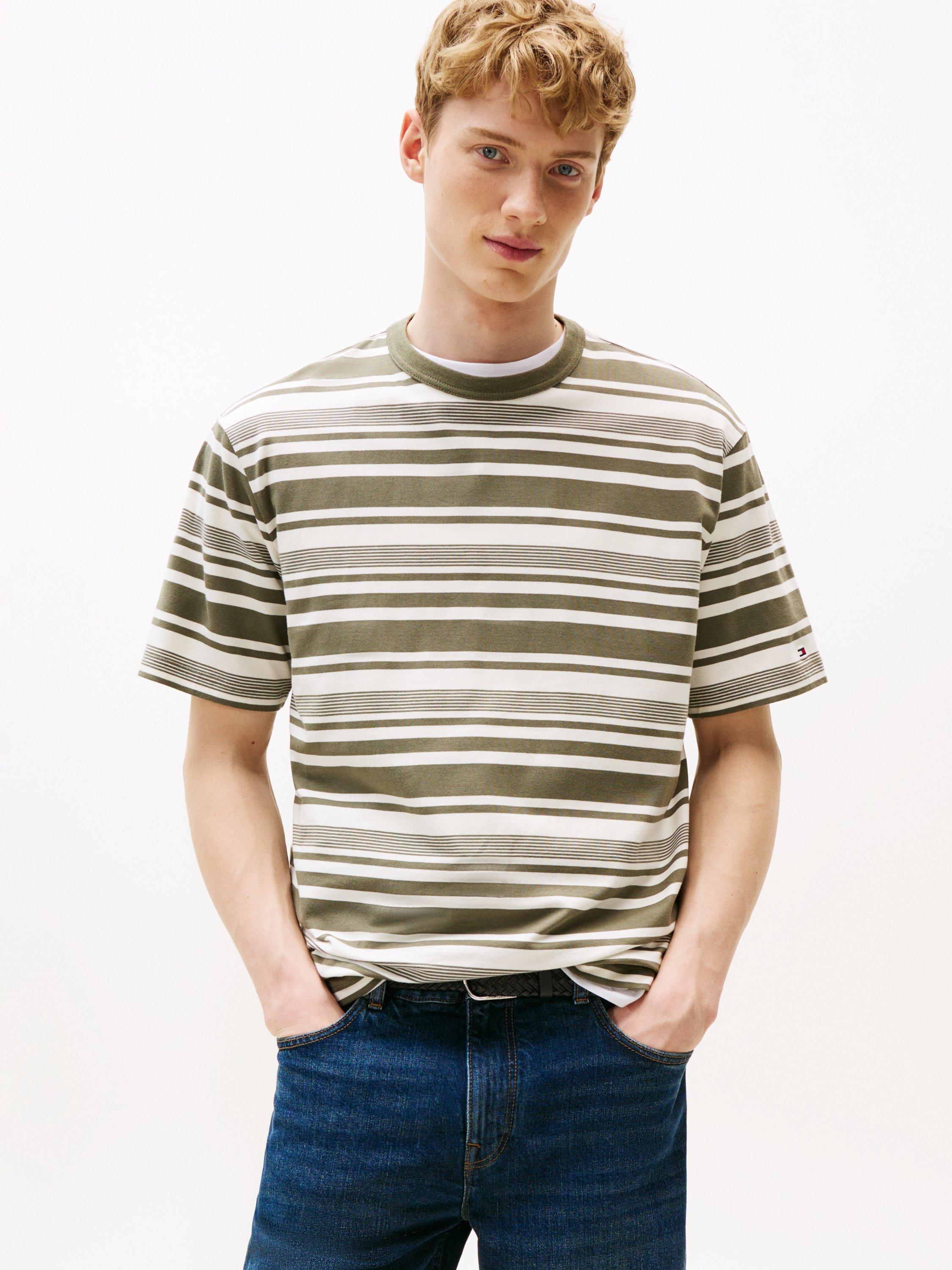 Tommy Hilfiger Cotton Blend Loose Fit Short Sleeve Stripe T-Shirt, Ivory/Green