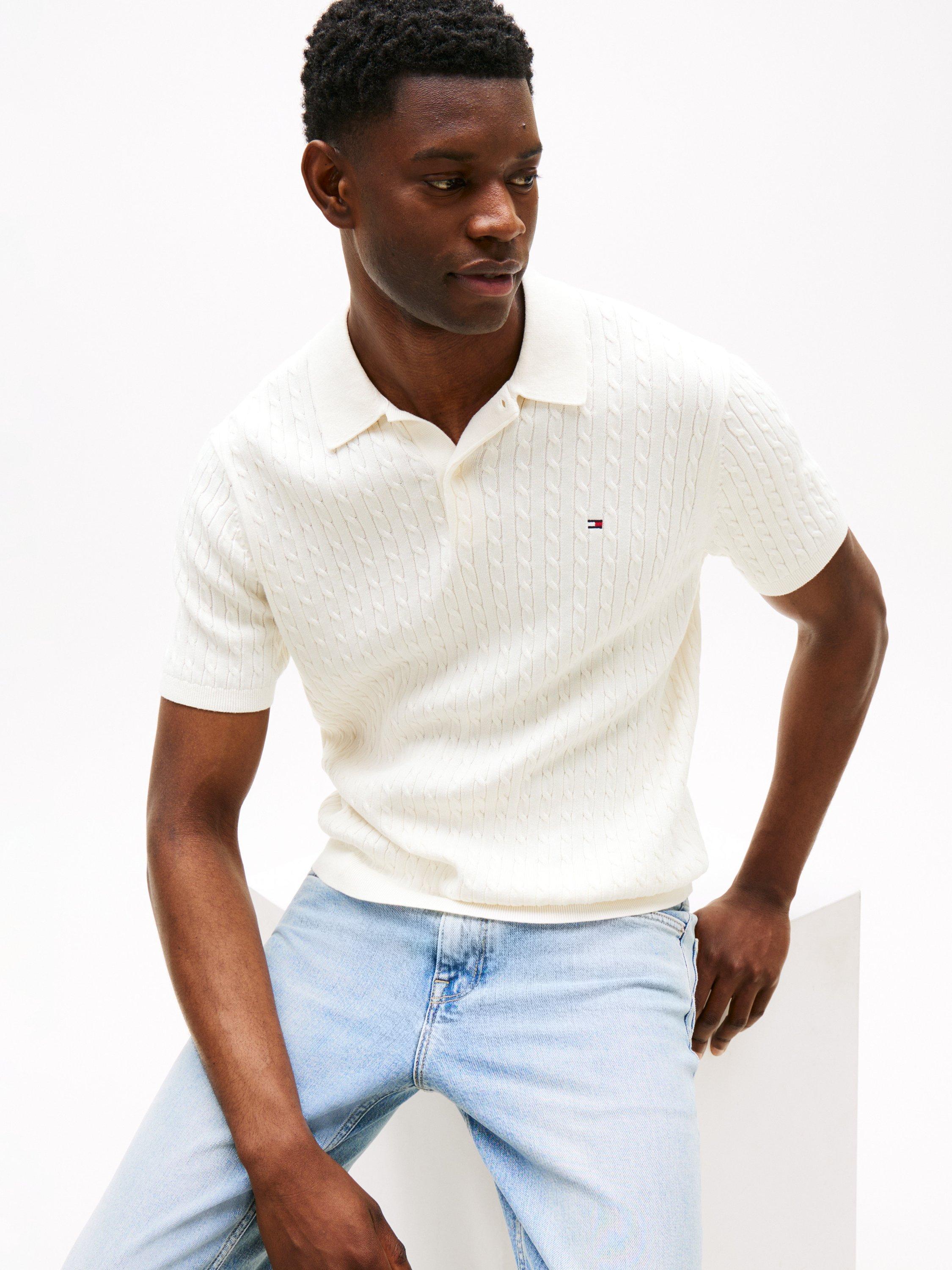 Product image 4 of 5, which shows Tommy Hilfiger Cotton Cable Knit Polo Shirt, White, S
