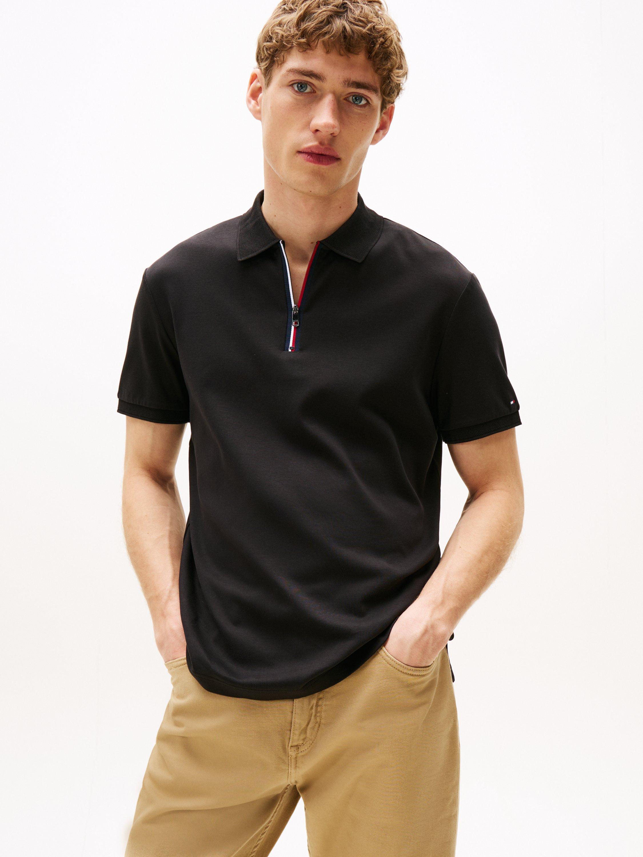 Product image 1 of 4, which shows Tommy Hilfiger Cotton Regular Fit Zip Front Polo Shirt, Black, XXL