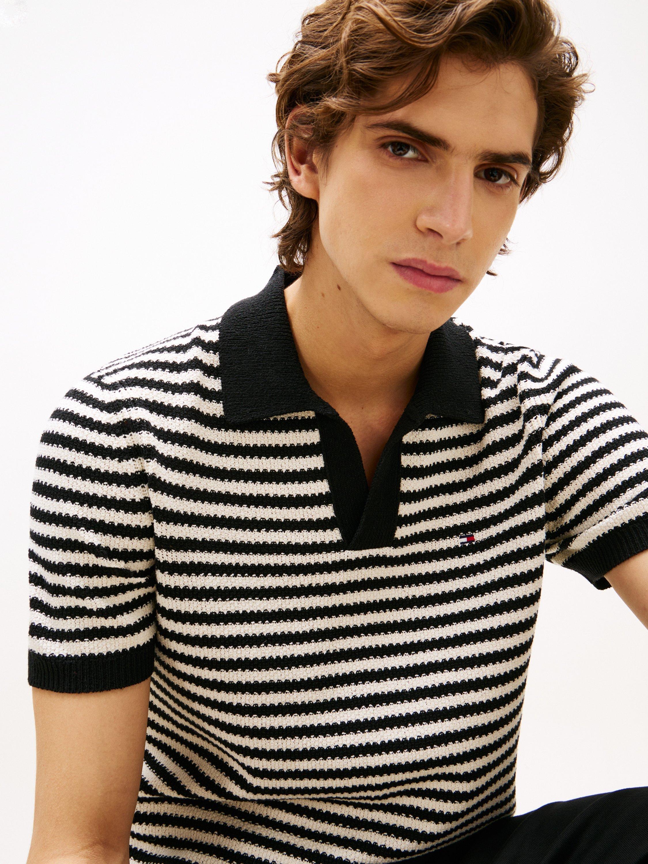 Product image 4 of 5, which shows Tommy Hilfiger Short Sleeve Striped Cotton Blend Knit Polo Top, Navy/Multi, M