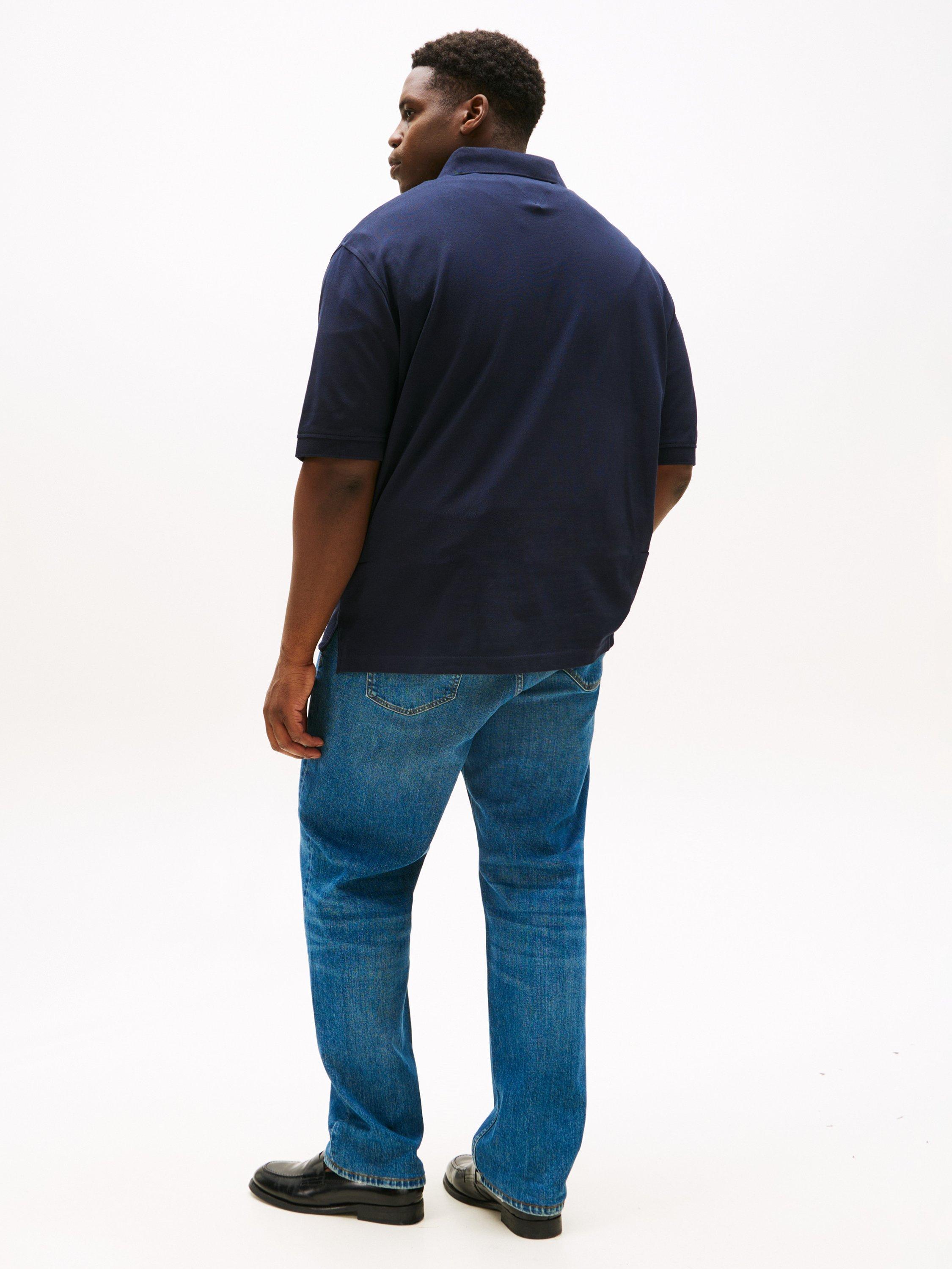 Product image 2 of 5, which shows Tommy Hilfiger Plus 1985 Cotton Blend Regular Fit Short Sleeve Polo Shirt, Navy/Multi, XXXL