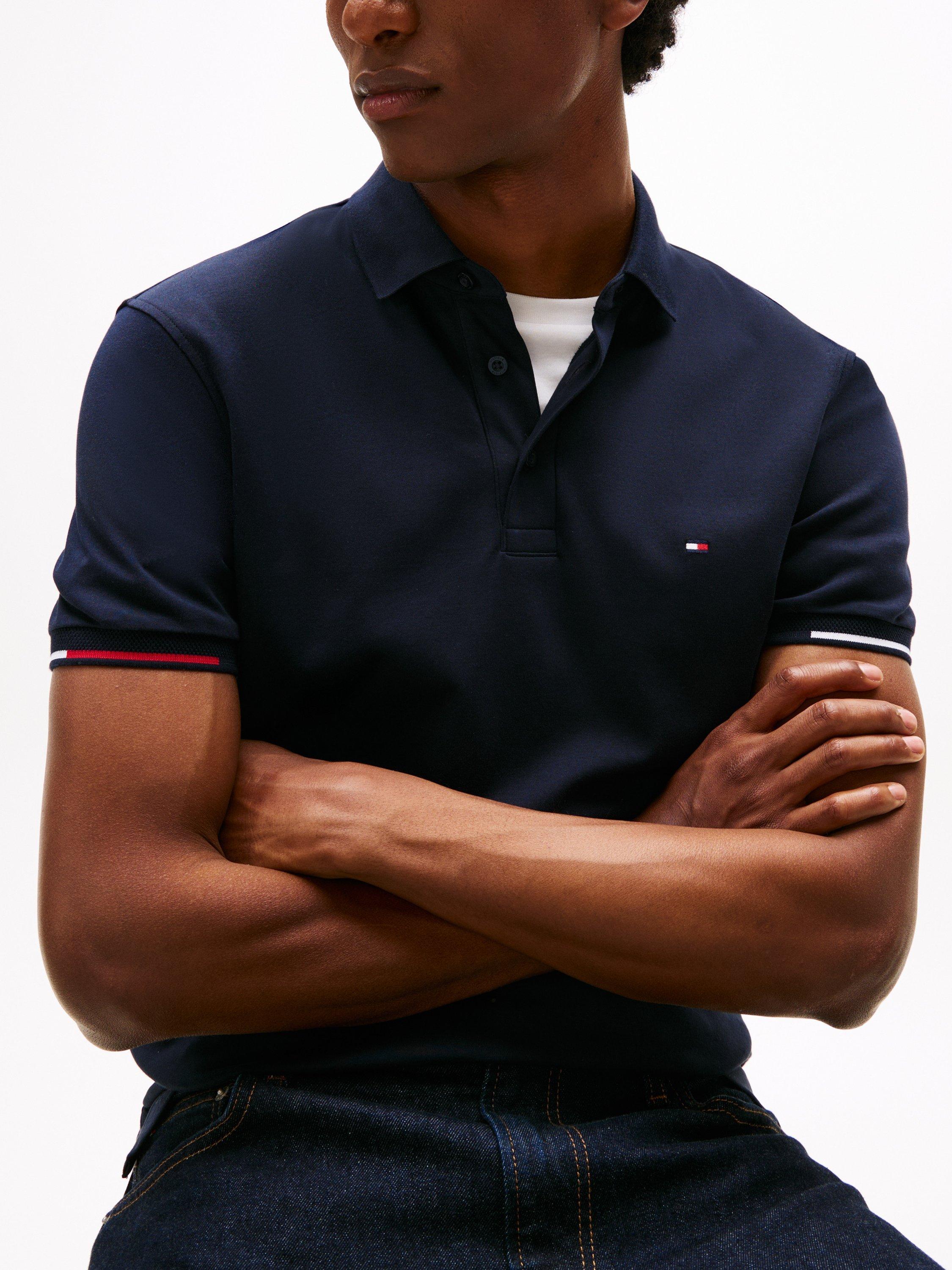 Product image 4 of 5, which shows Tommy Hilfiger Cotton Slim Fit Short Sleeve Polo Shirt, Navy, L