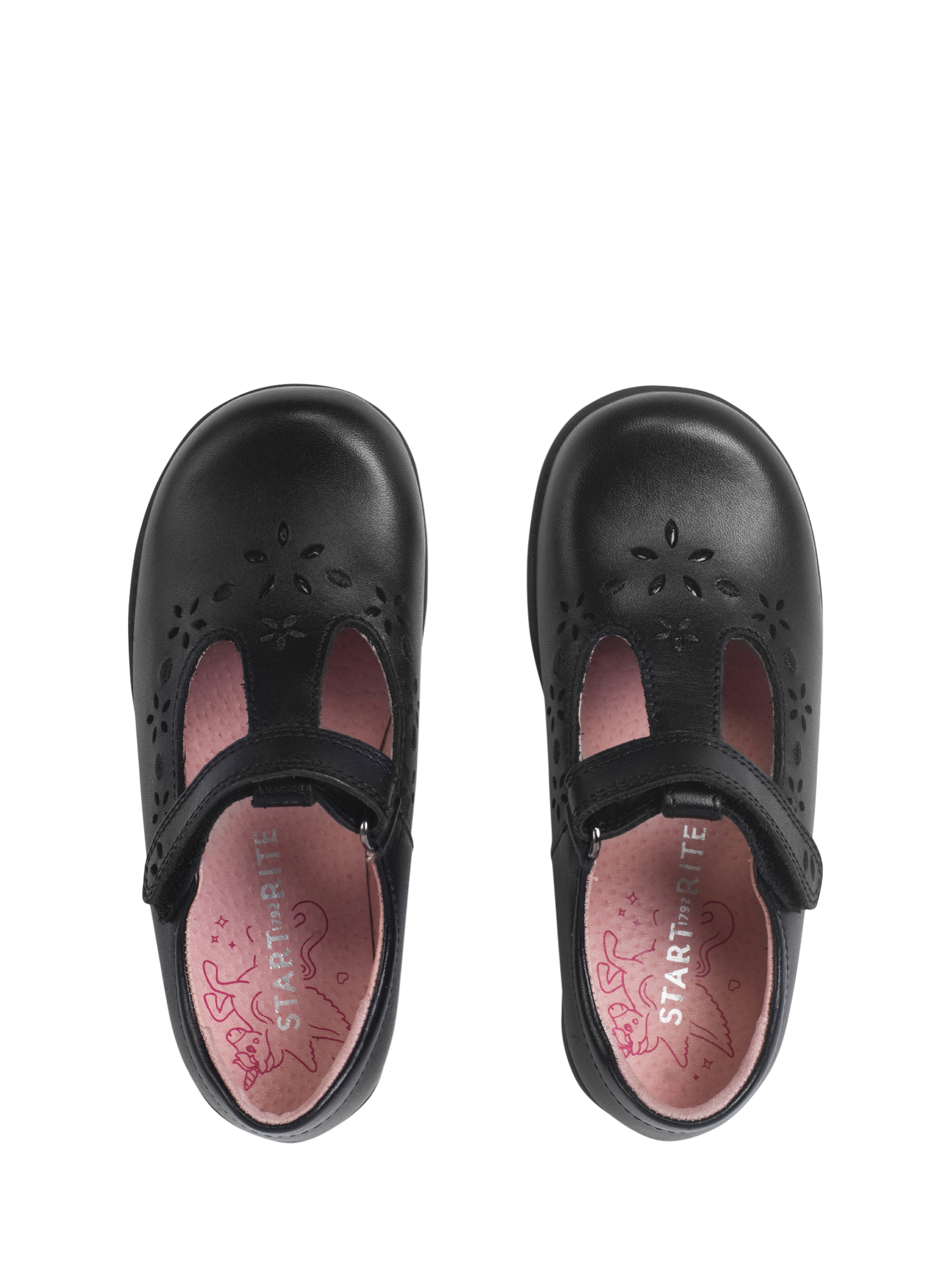 Product image 2 of 6, which shows Start-Rite Kids' Charlotte Leather Floral School Shoes, Black Leather, 7 E Jnr