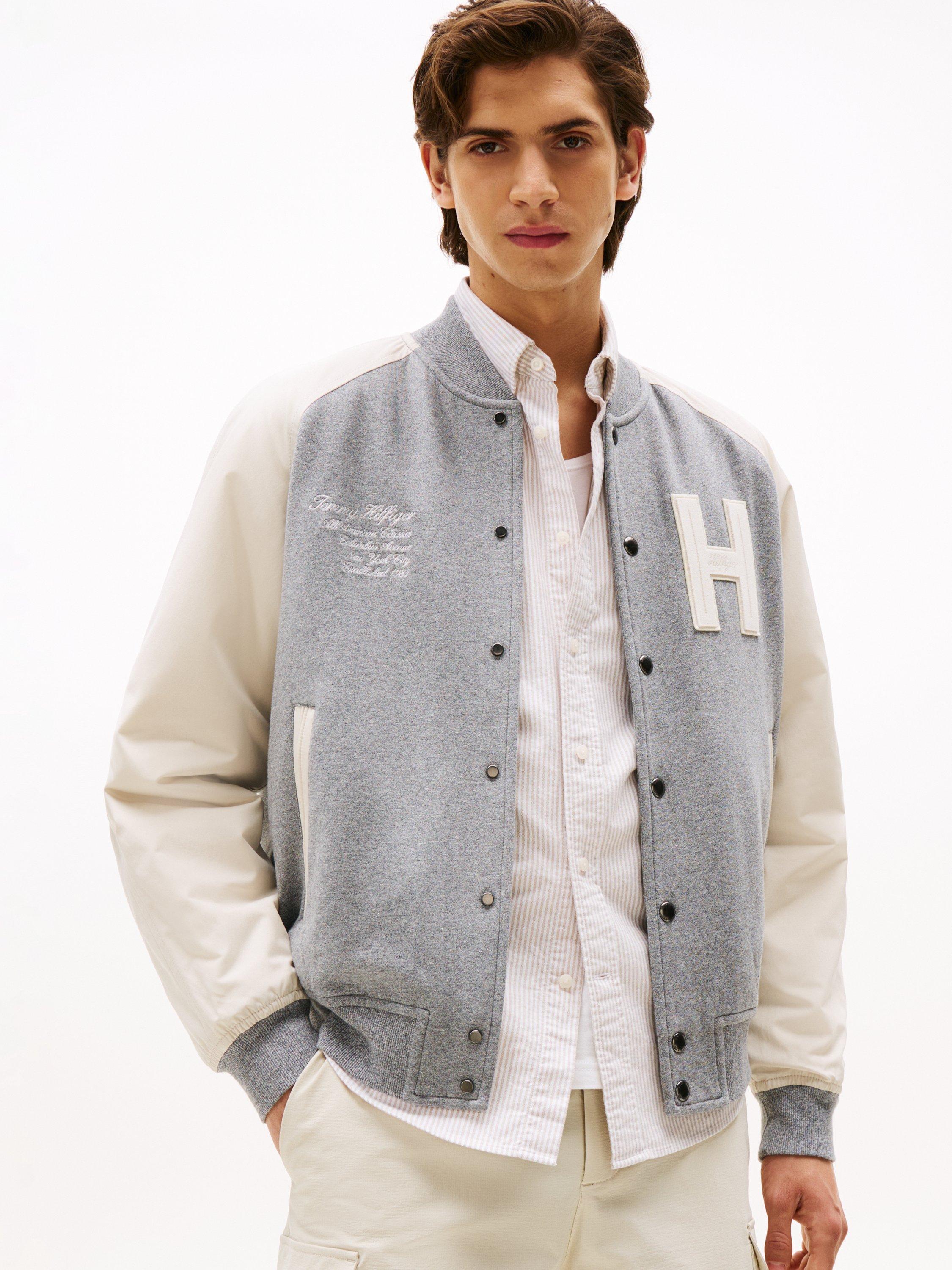 Product image 1 of 5, which shows Tommy Hilfiger Varsity Bomber Jacket, Grey/Cream, S
