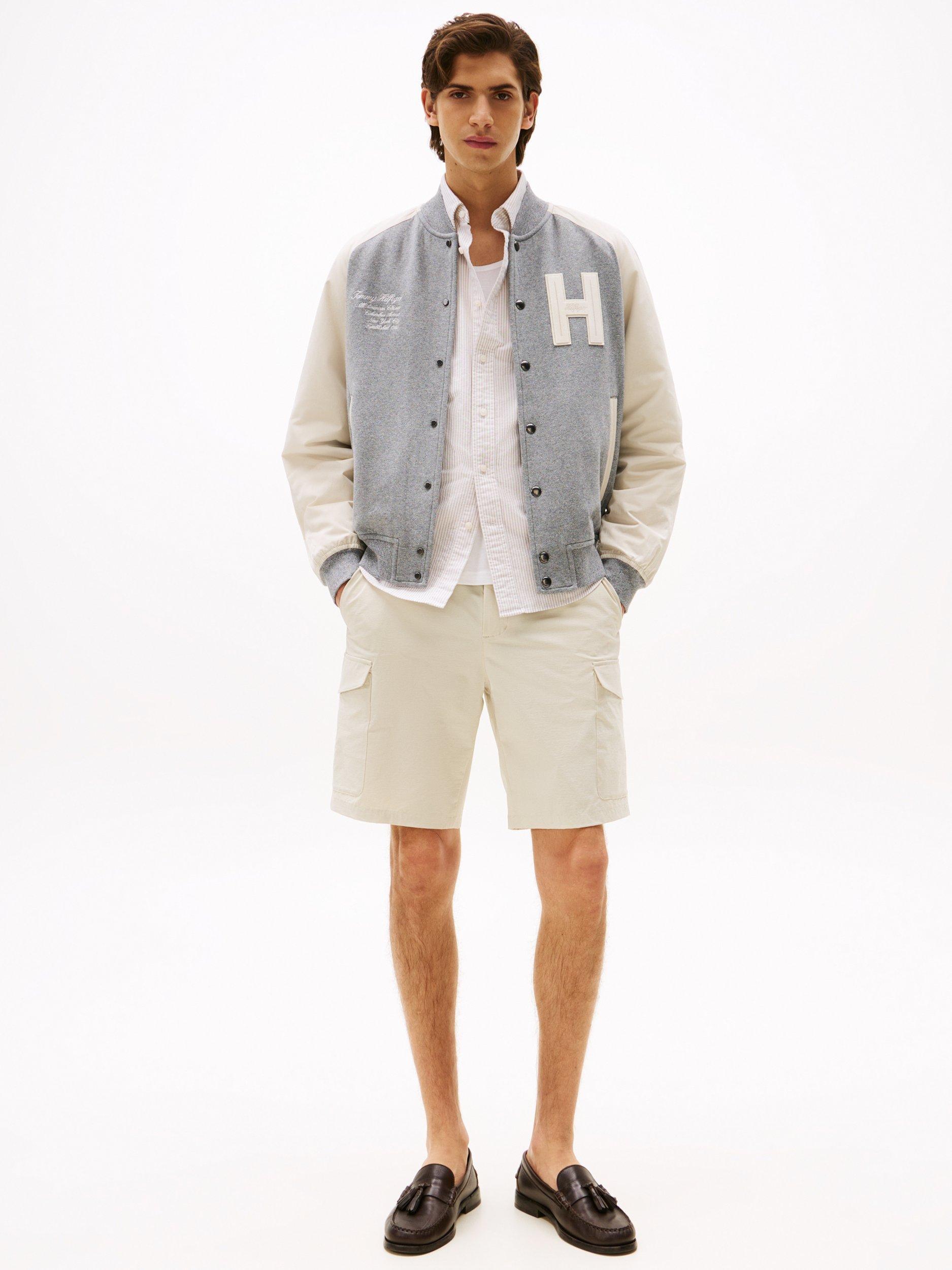 Product image 3 of 5, which shows Tommy Hilfiger Varsity Bomber Jacket, Grey/Cream, S