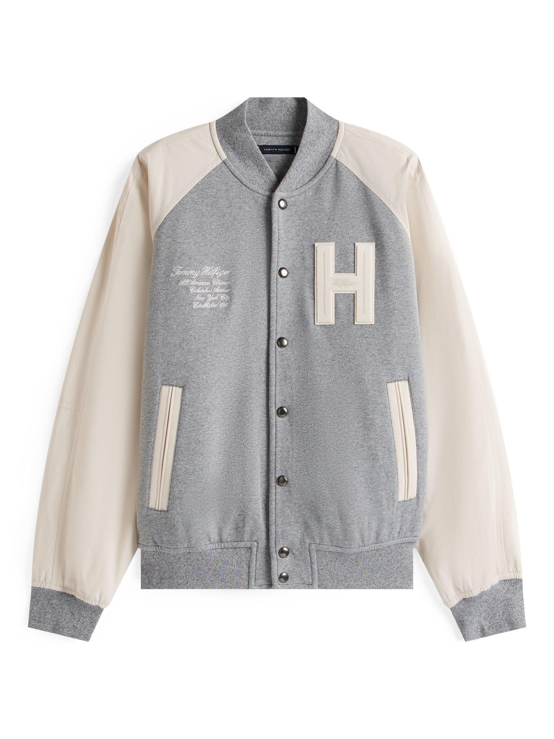 Product image 5 of 5, which shows Tommy Hilfiger Varsity Bomber Jacket, Grey/Cream, S