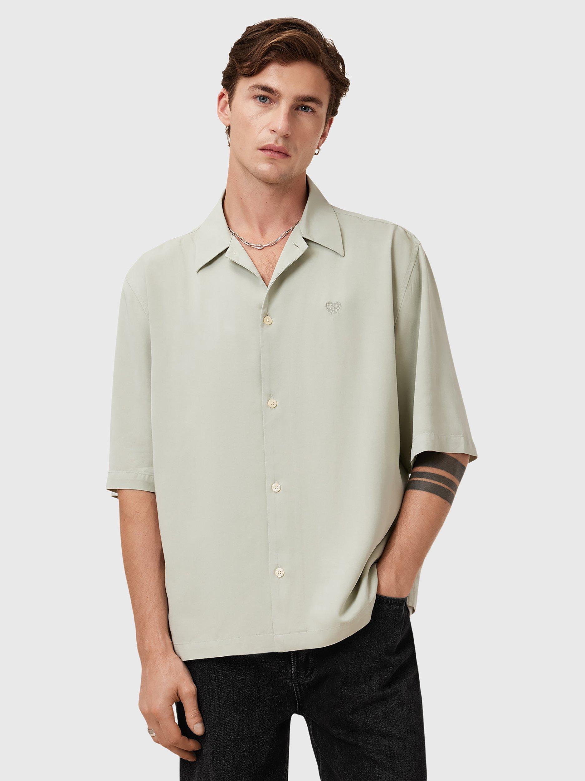 Product image 1 of 8, which shows AllSaints Rialto Short Sleeve Shirt, Slate Green, XS