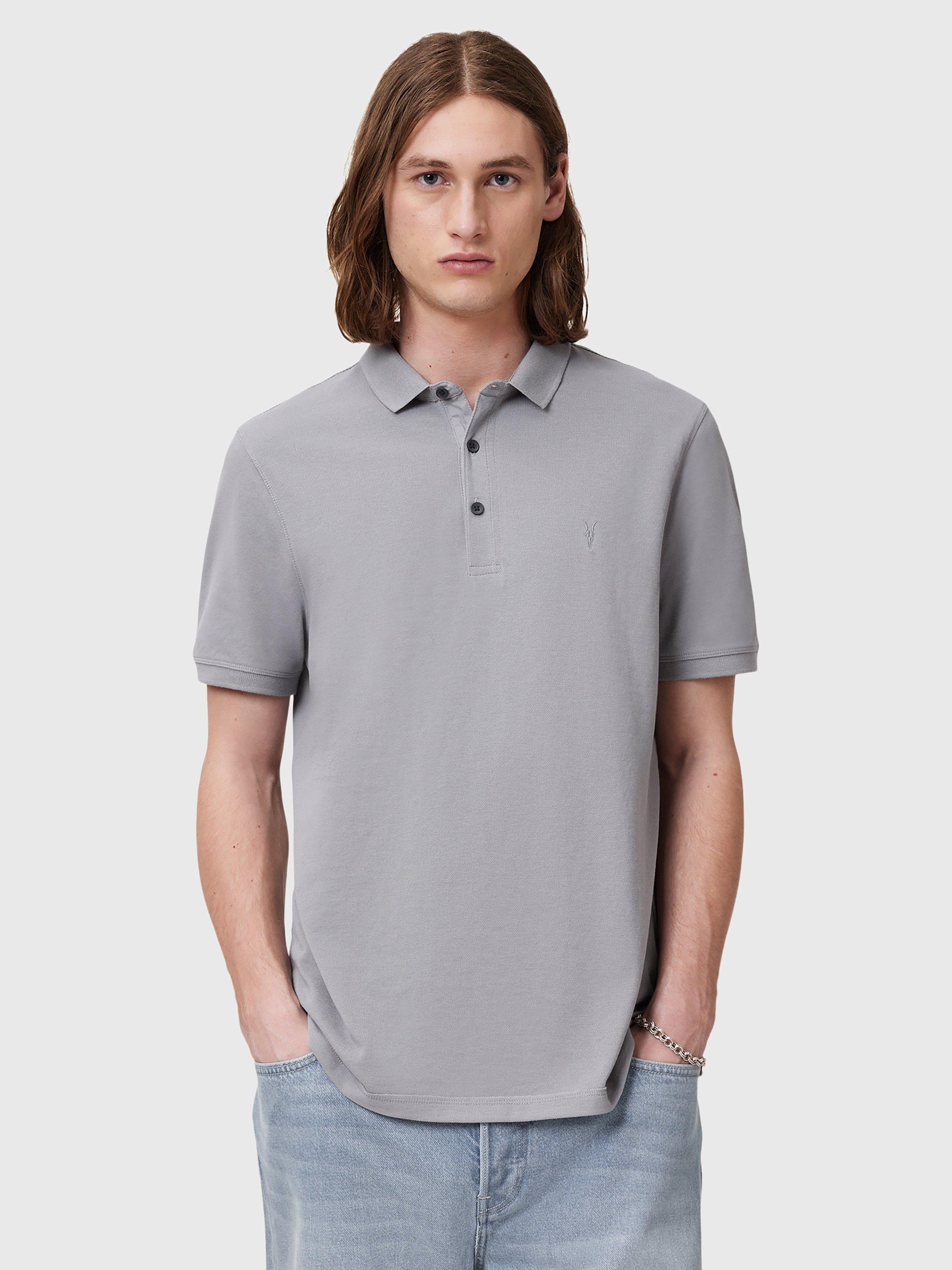 Product image 1 of 10, which shows AllSaints Slim Fit Short Sleeve Cotton Polo Shirt, Pack of 2, Grey/Purple, L