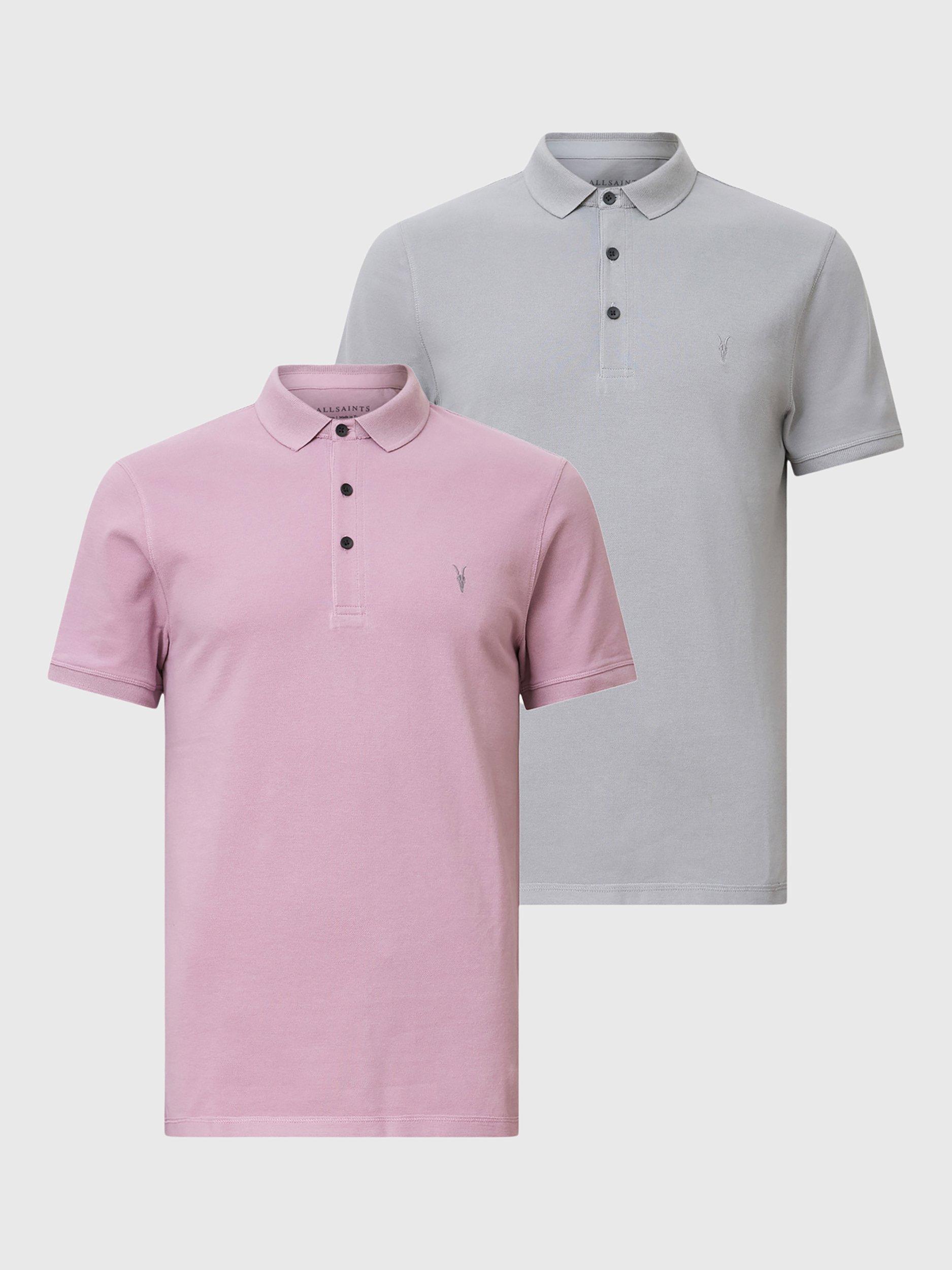Product image 6 of 10, which shows AllSaints Slim Fit Short Sleeve Cotton Polo Shirt, Pack of 2, Grey/Purple, L