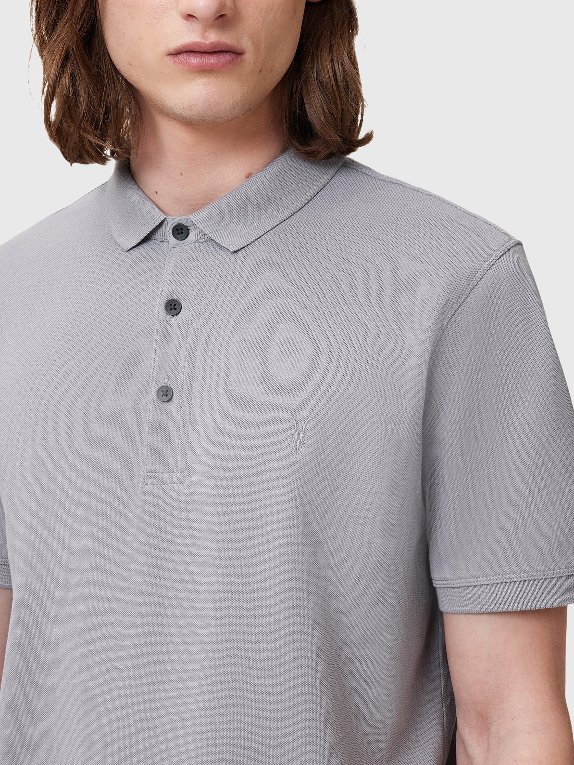 Product image 8 of 10, which shows AllSaints Slim Fit Short Sleeve Cotton Polo Shirt, Pack of 2, Grey/Purple, L