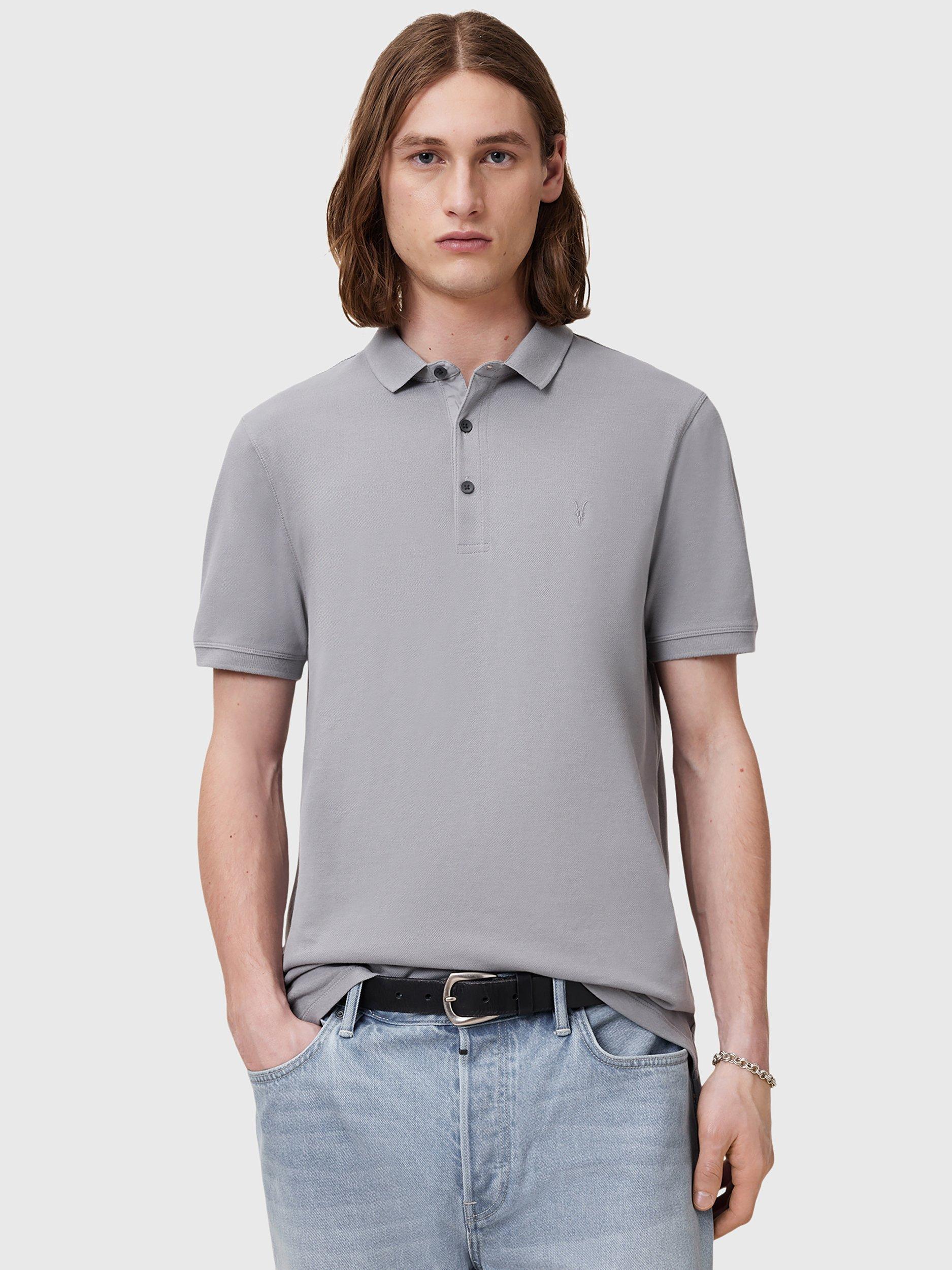 Product image 9 of 10, which shows AllSaints Slim Fit Short Sleeve Cotton Polo Shirt, Pack of 2, Grey/Purple, L
