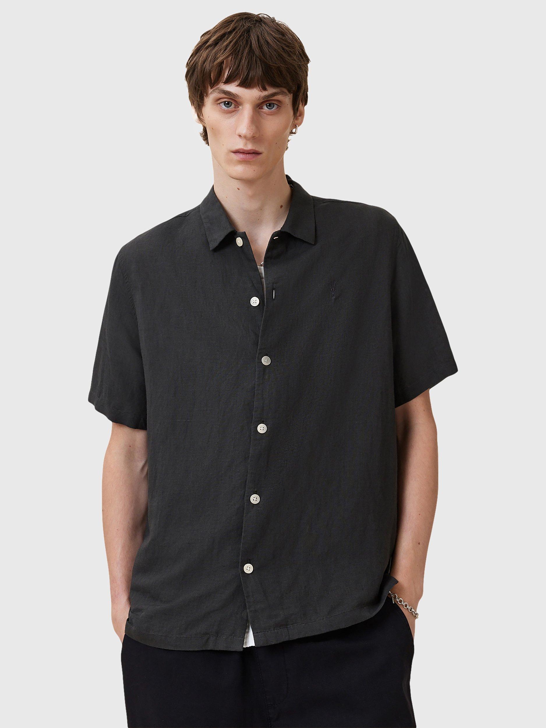 Product image 1 of 8, which shows AllSaints Bandol Short Sleeve Linen Blend Shirt, Charcoal, L
