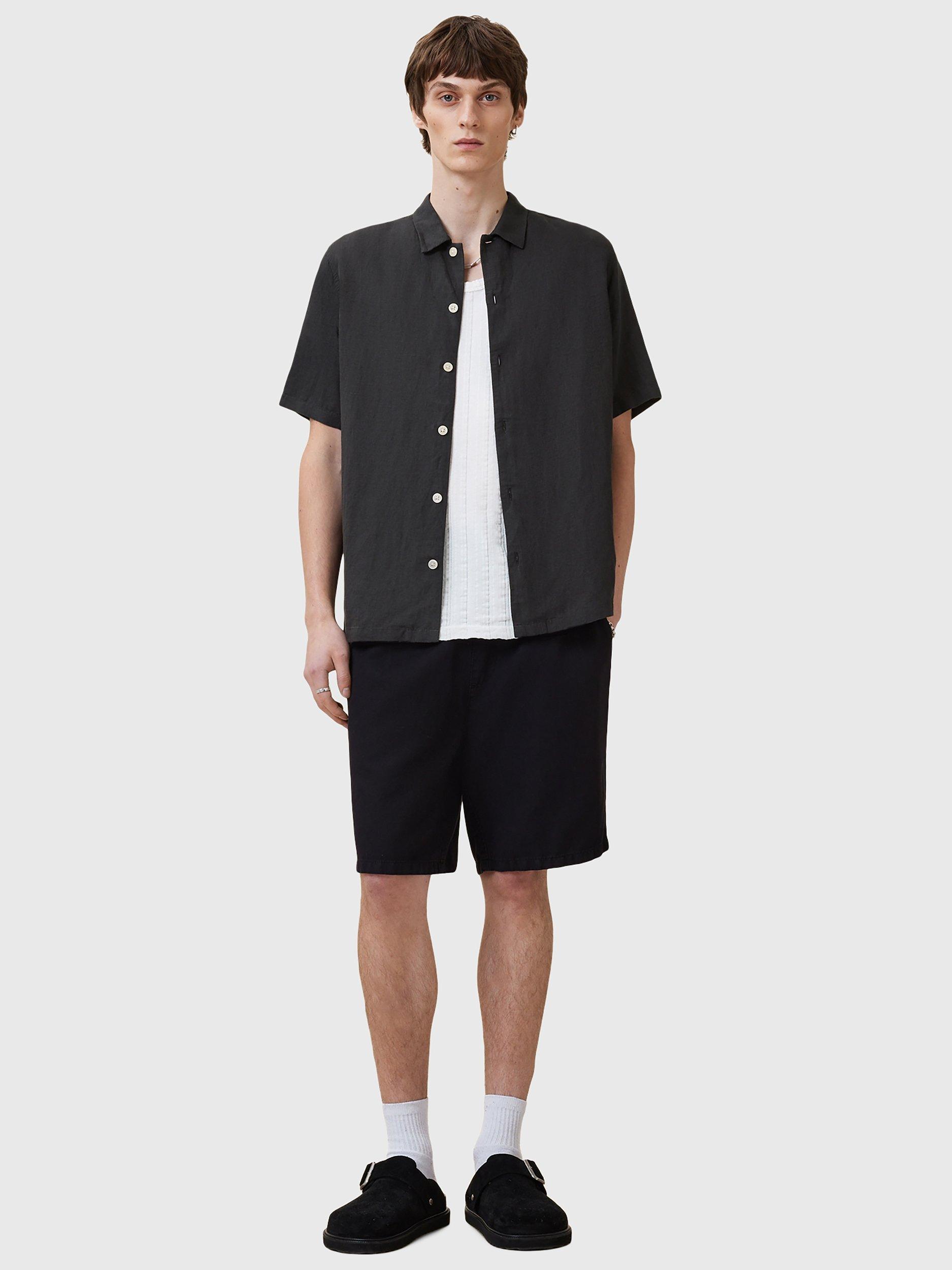 Product image 3 of 8, which shows AllSaints Bandol Short Sleeve Linen Blend Shirt, Charcoal, L