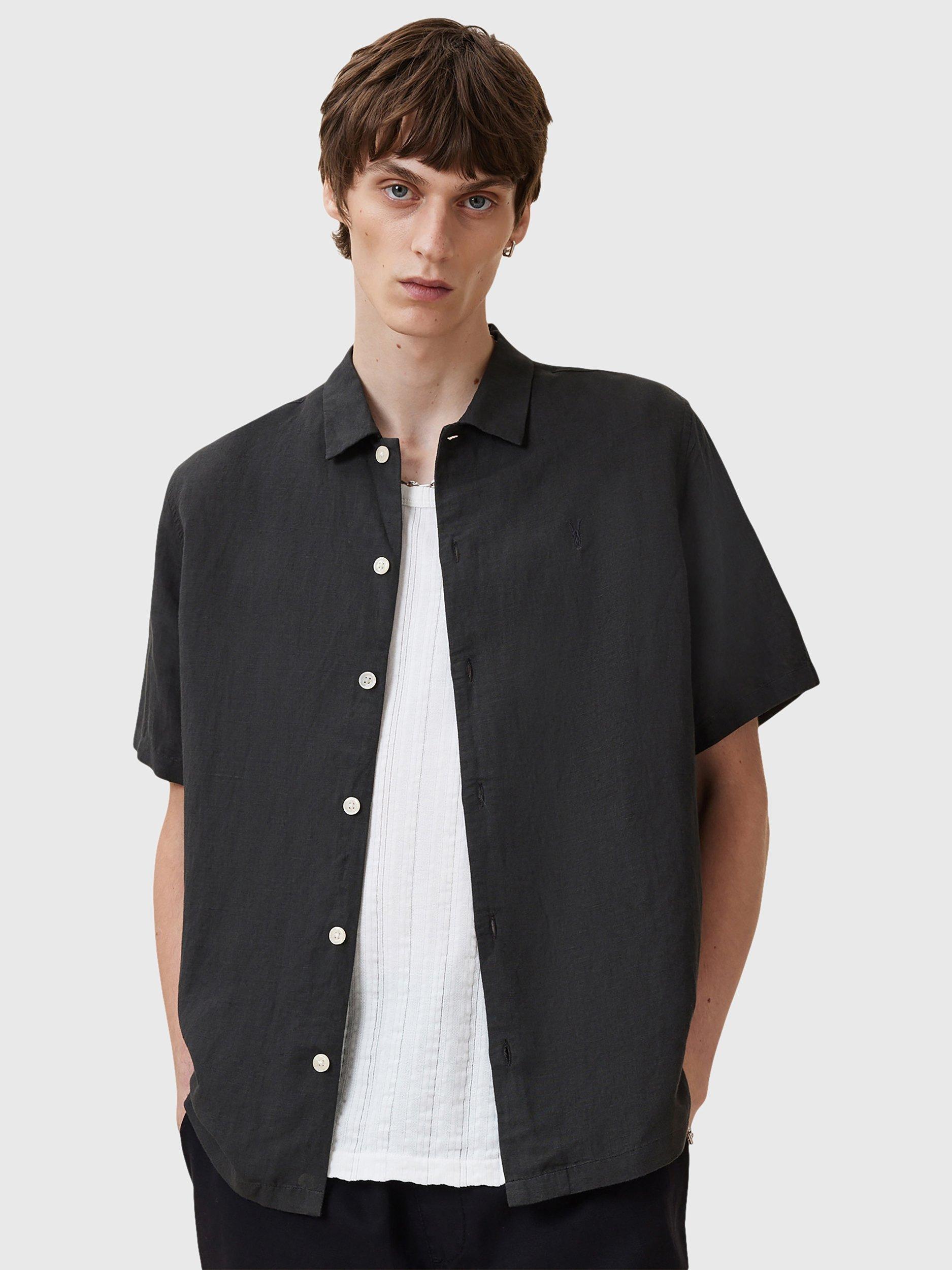 Product image 5 of 8, which shows AllSaints Bandol Short Sleeve Linen Blend Shirt, Charcoal, L