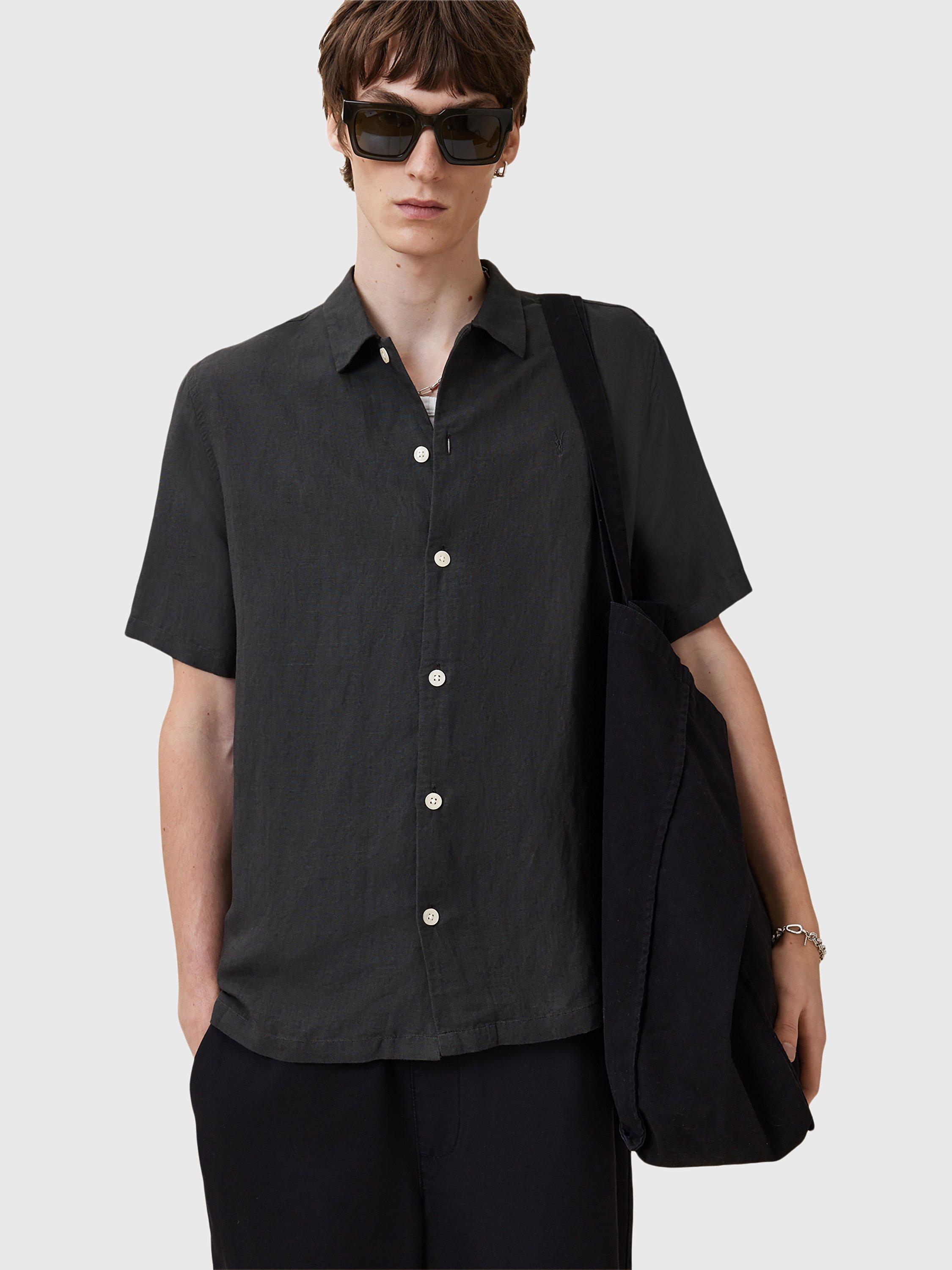 Product image 6 of 8, which shows AllSaints Bandol Short Sleeve Linen Blend Shirt, Charcoal, L