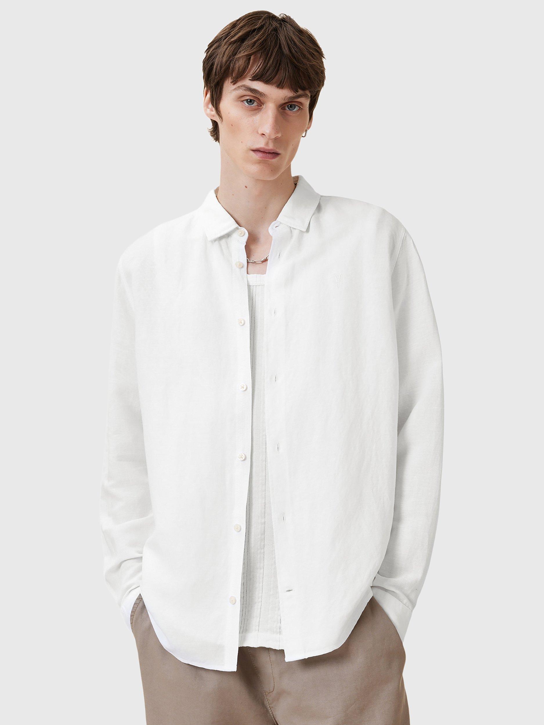 Product image 1 of 8, which shows AllSaints Bandol Long Sleeve Linen Blend Shirt, White, L