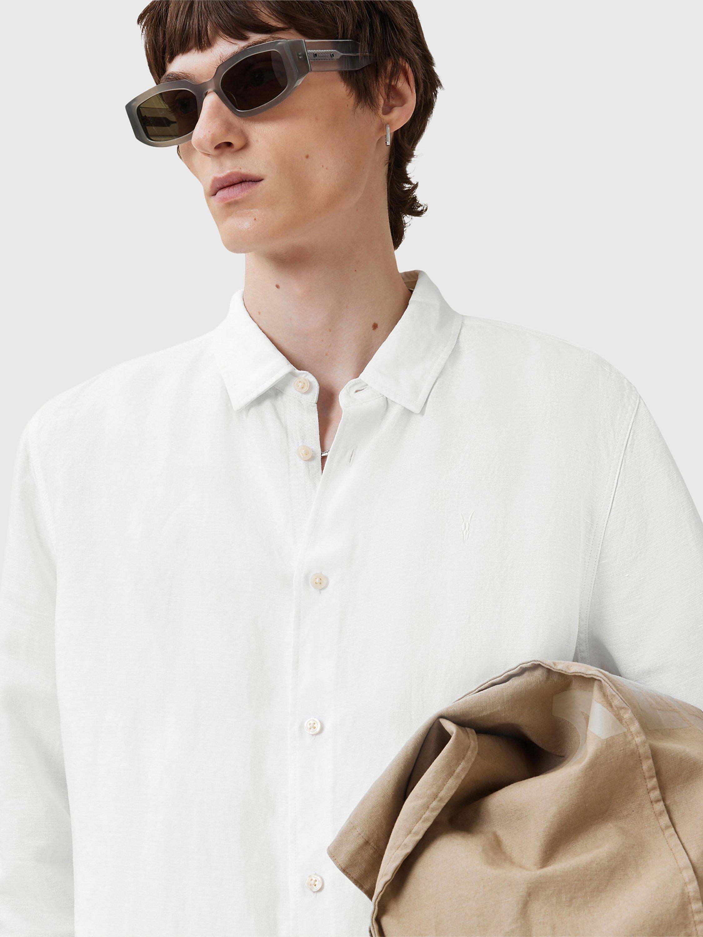 Product image 5 of 8, which shows AllSaints Bandol Long Sleeve Linen Blend Shirt, White, L
