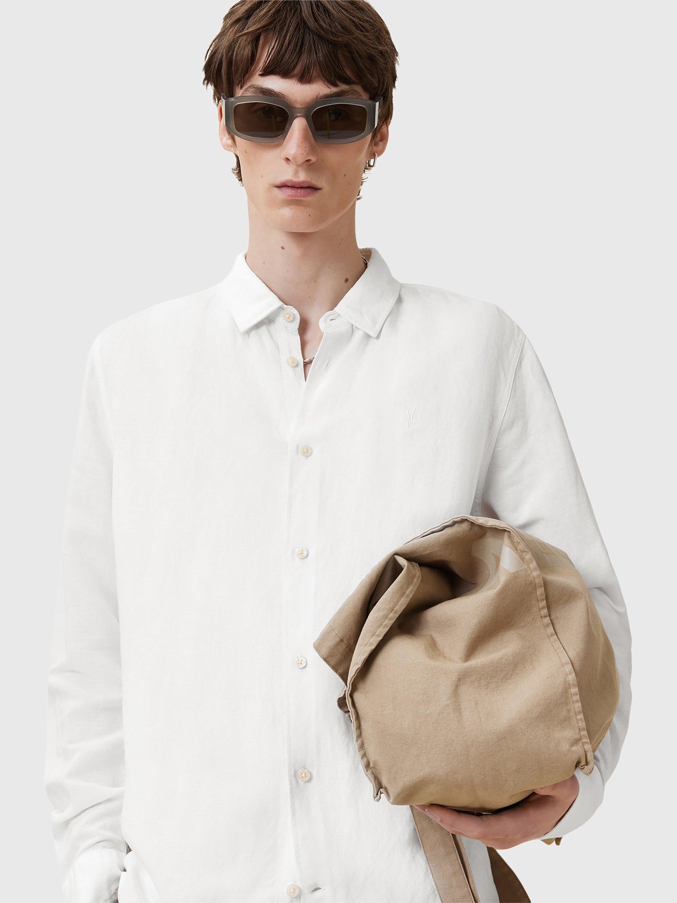 Product image 7 of 8, which shows AllSaints Bandol Long Sleeve Linen Blend Shirt, White, L