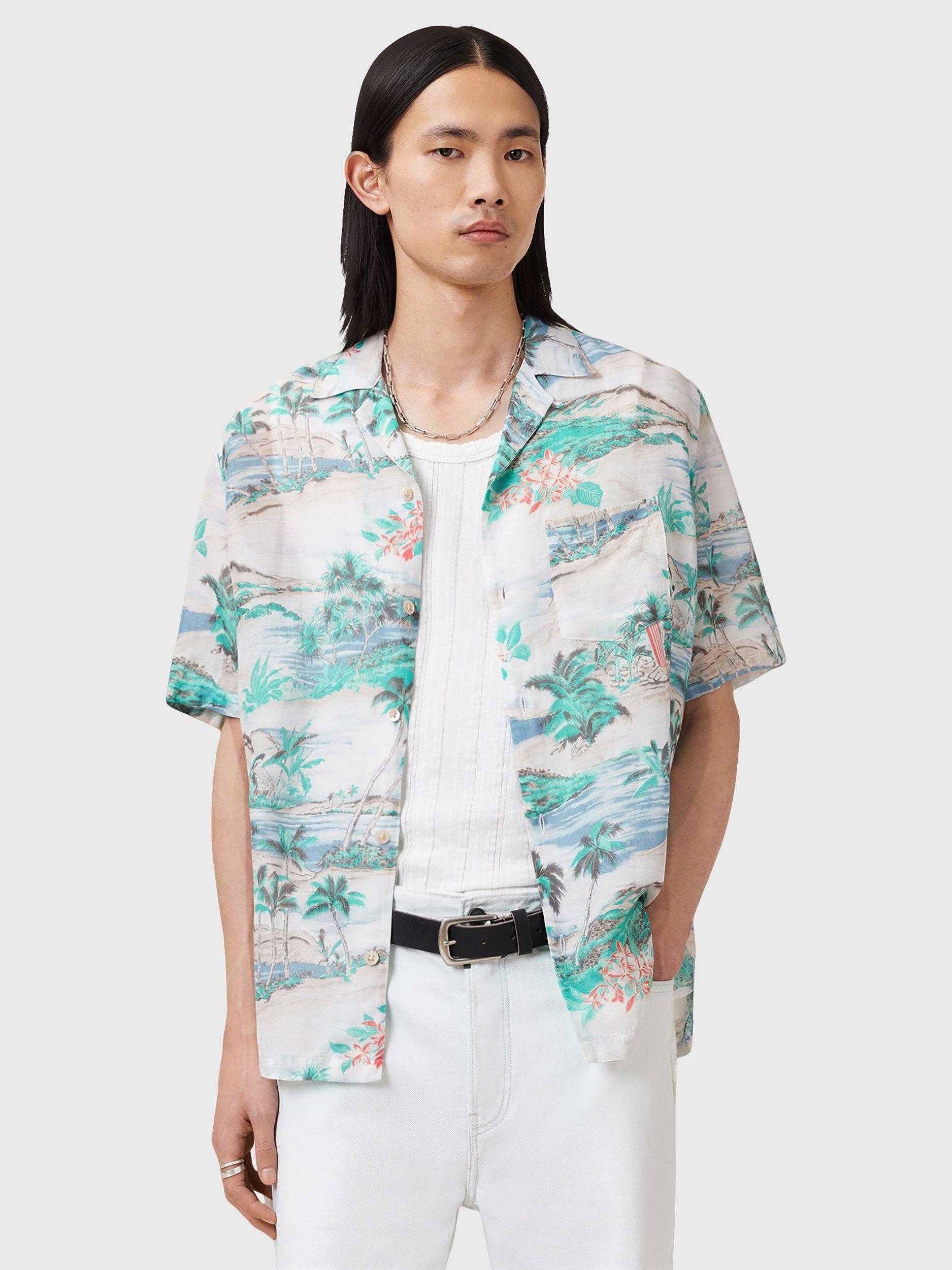 Product image 1 of 7, which shows AllSaints Biarritz Short Sleeve Tropical Print Shirt, Multi, XS